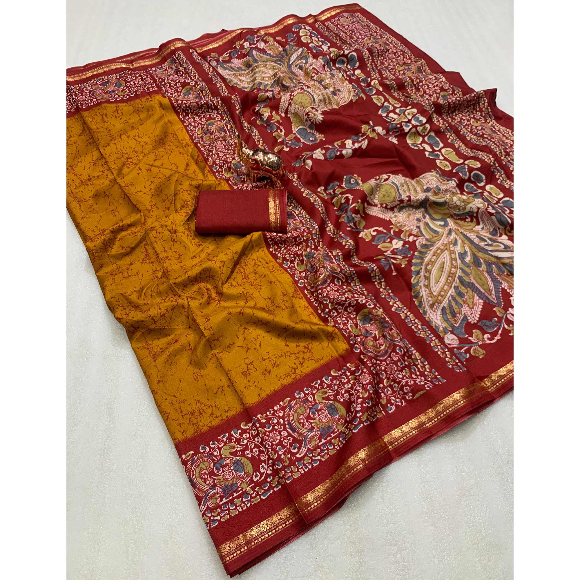 Mustard Dola Silk Saree with Abstract Prints and Traditional Kalamkari Pallu