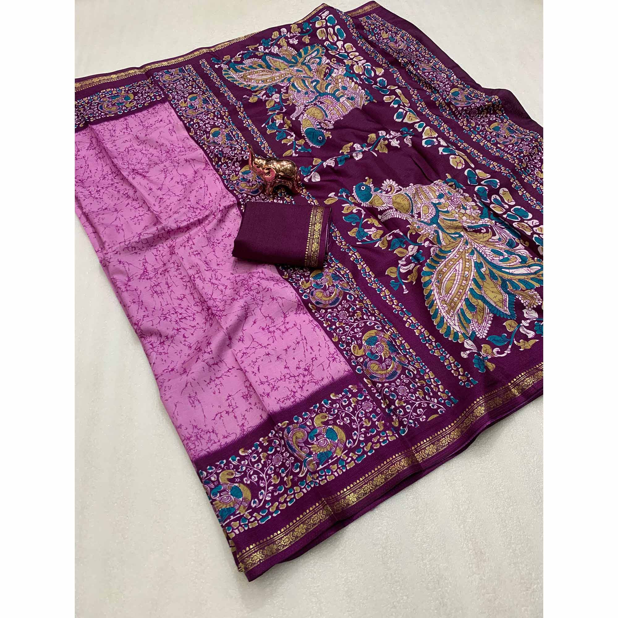 Pinkish Purple Dola Silk Saree with Striking Abstract Patterns and Kalamkari Pallu