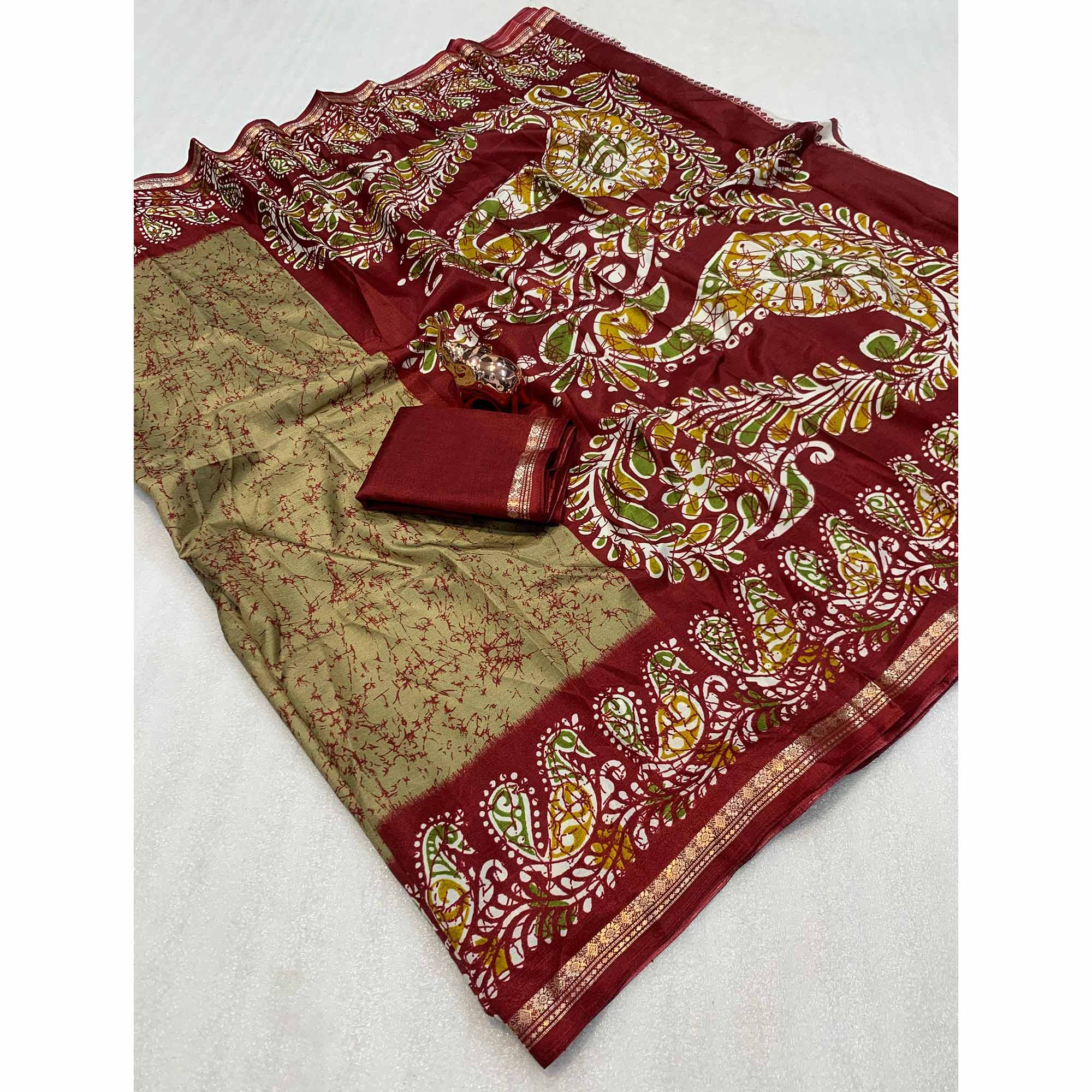 Chikoo & Maroon Abstract Printed Dola Silk Saree Enhanced With Kalamkari Art Pallu