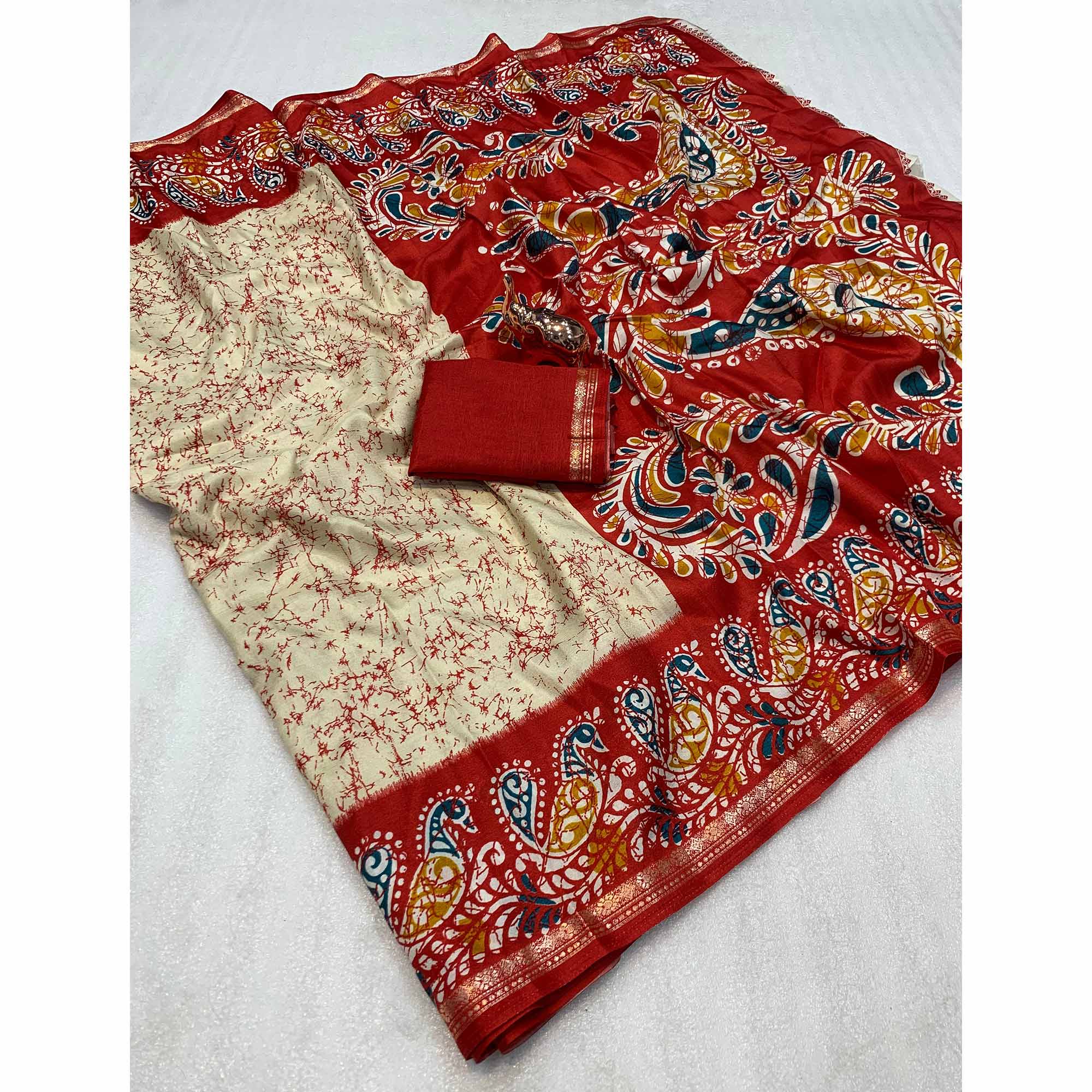 Cream & Red Abstract Printed Dola Silk Saree Enhanced With Kalamkari Art Pallu