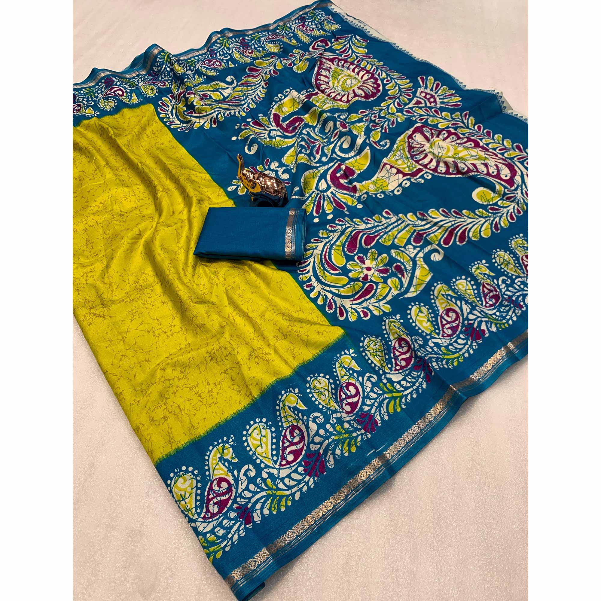 Lime Yellow & Blue Abstract Printed Dola Silk Saree Enhanced With Kalamkari Art Pallu