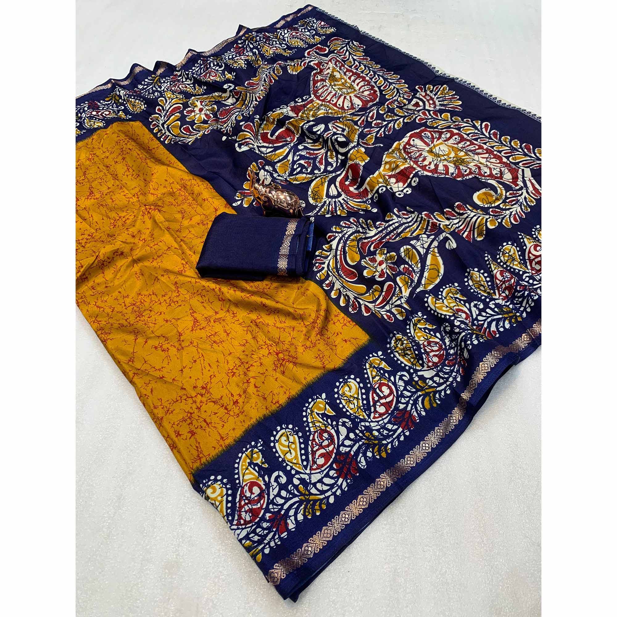 Mustard & Navy Blue Abstract Printed Dola Silk Saree Enhanced With Kalamkari Art Pallu