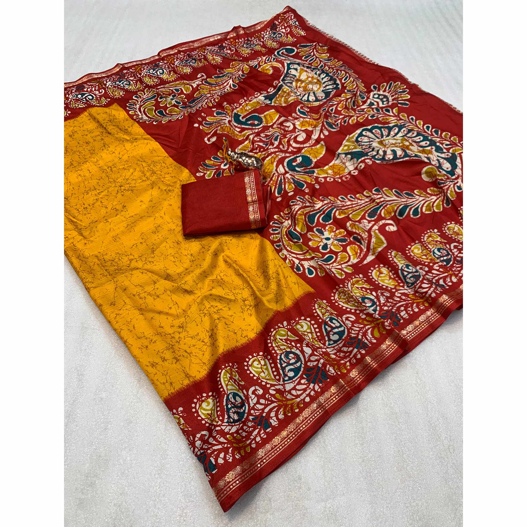 Mustard & Red Abstract Printed Dola Silk Saree Enhanced With Kalamkari Art Pallu