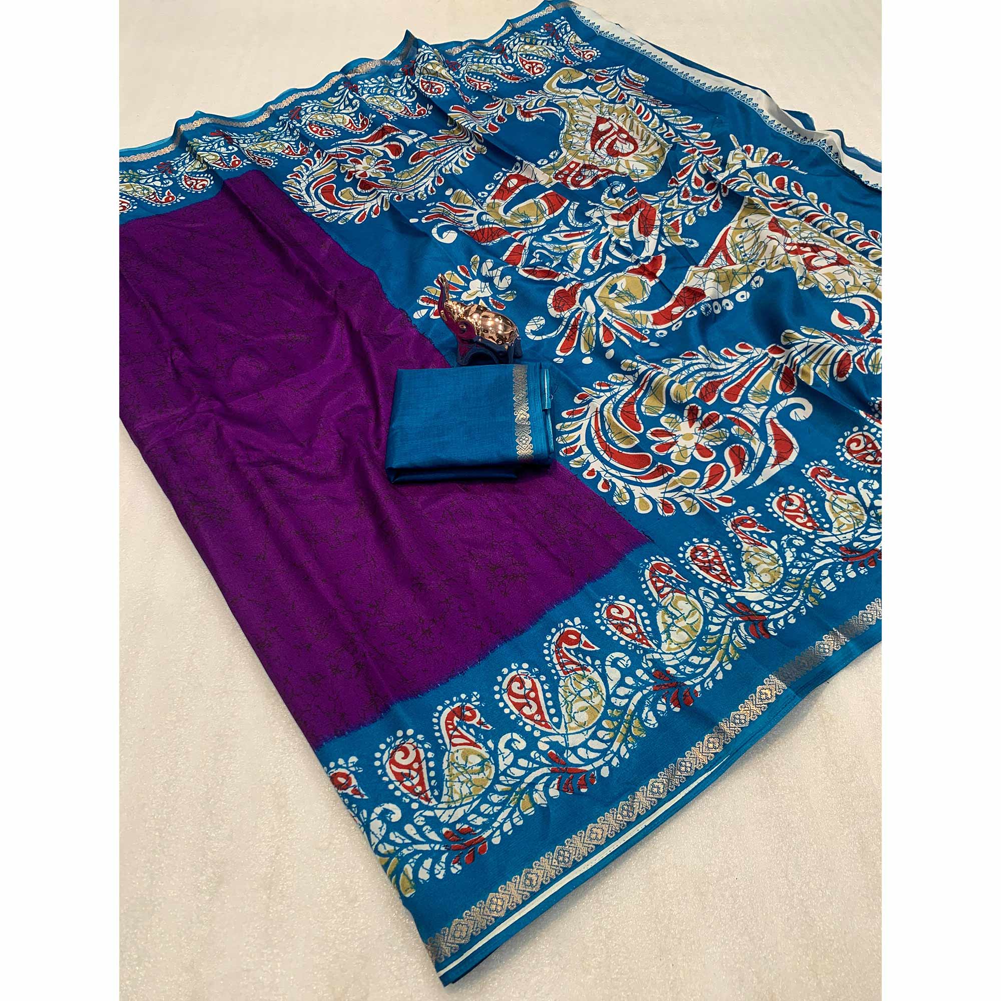 Purple & Blue Abstract Printed Dola Silk Saree Enhanced With Kalamkari Art Pallu