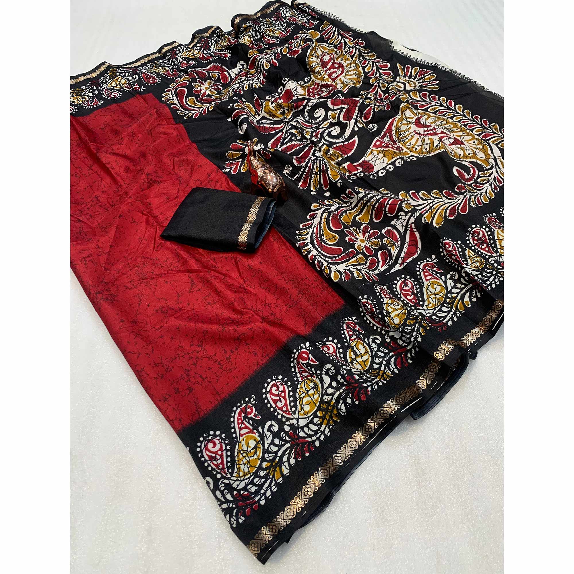Red & Black Abstract Printed Dola Silk Saree Enhanced With Kalamkari Art Pallu