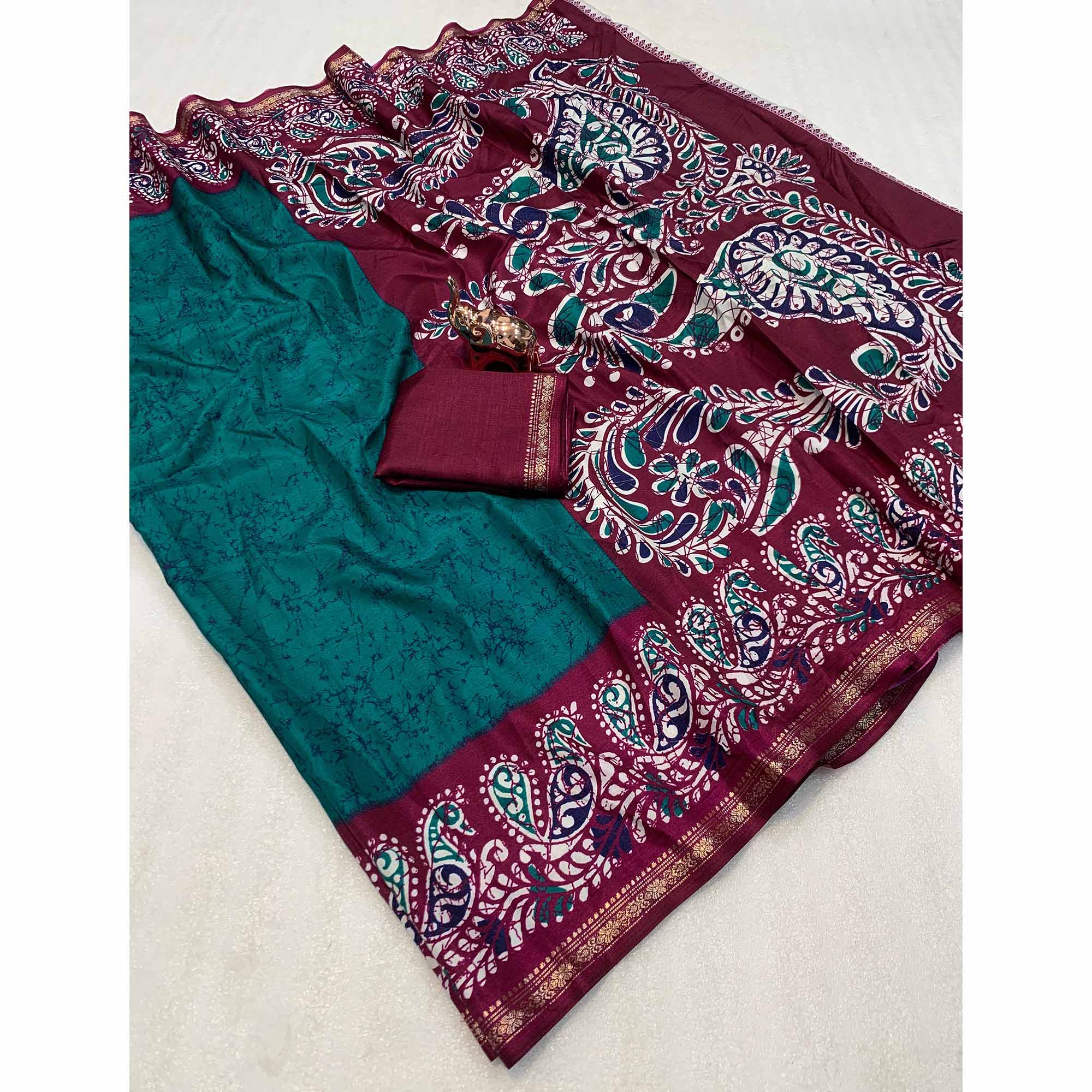 Teal & Wine Abstract Printed Dola Silk Saree Enhanced With Kalamkari Art Pallu