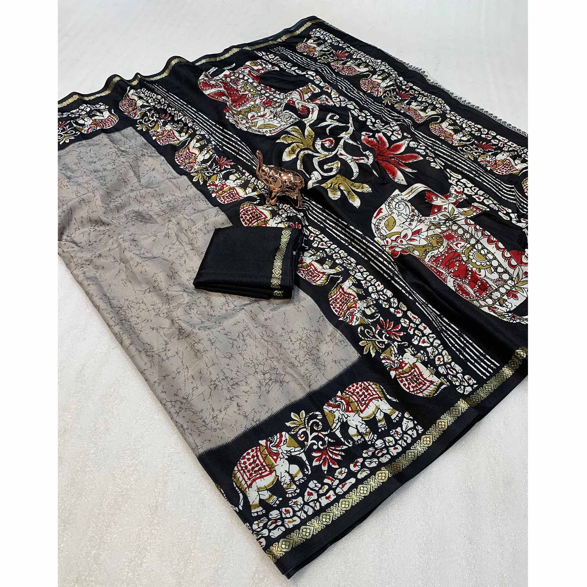 Grey Dola Silk Saree With Abstract Patterns And Kalamkari Pallu Art