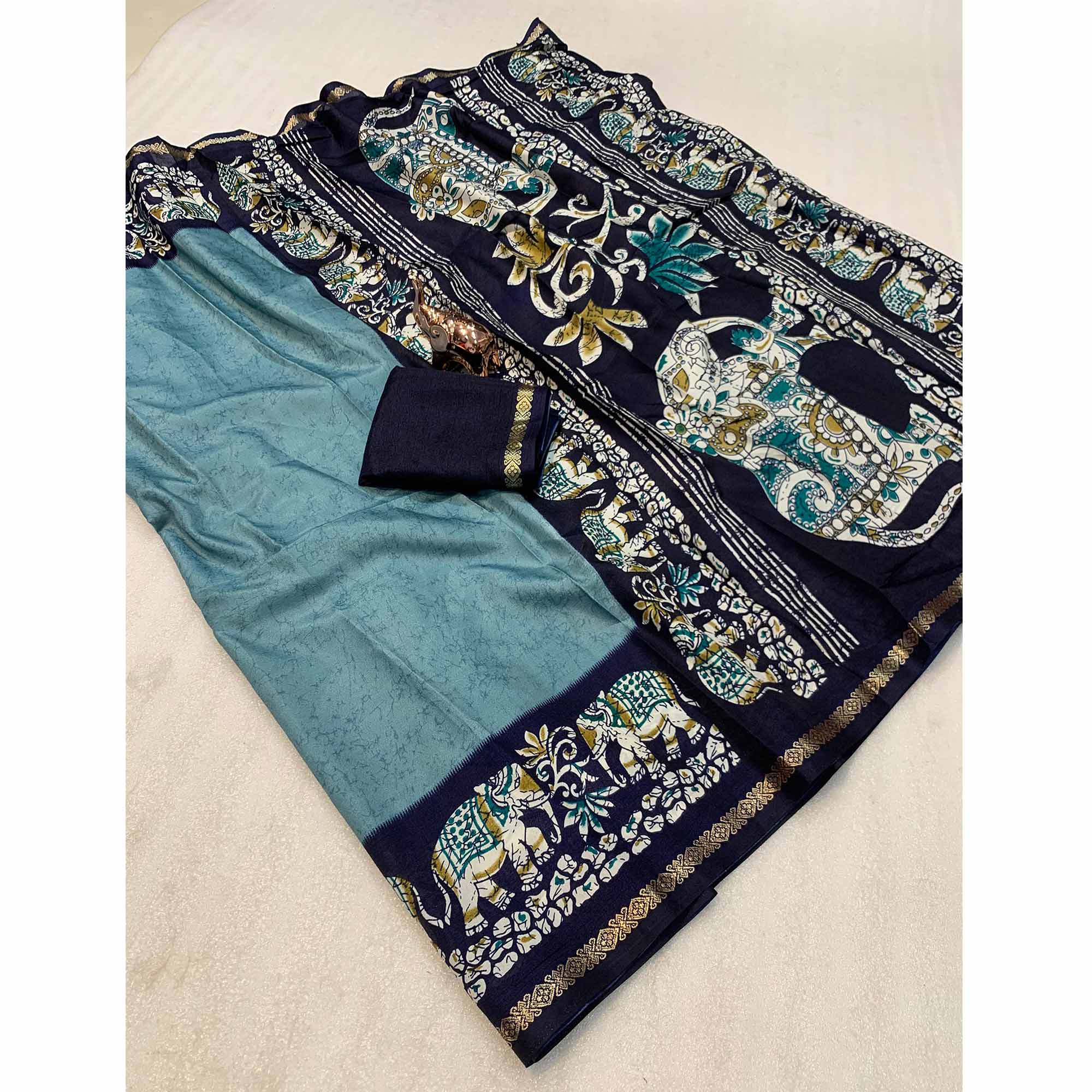Teal Dola Silk Saree With Abstract Patterns And Kalamkari Pallu Art