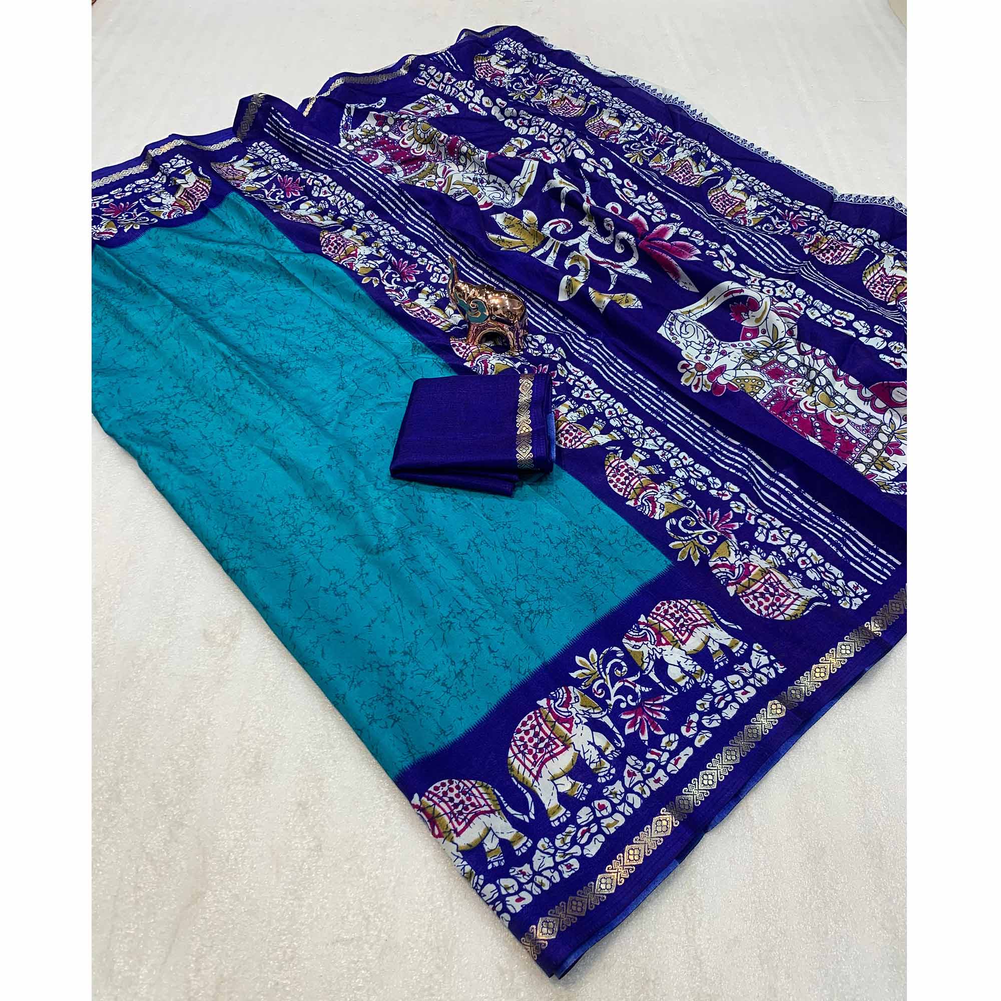 Turquoise Dola Silk Saree With Abstract Patterns And Kalamkari Pallu Art