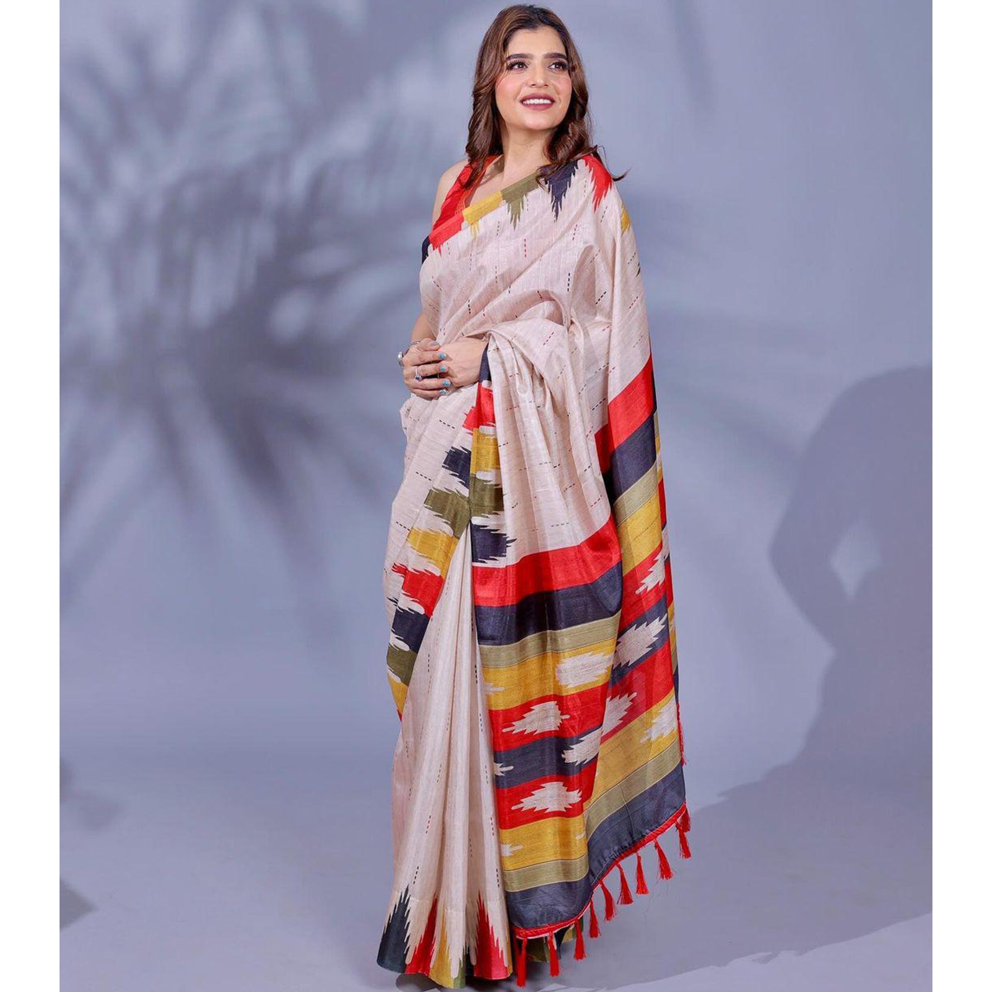 Beige Digital Printed Tussar Silk Saree