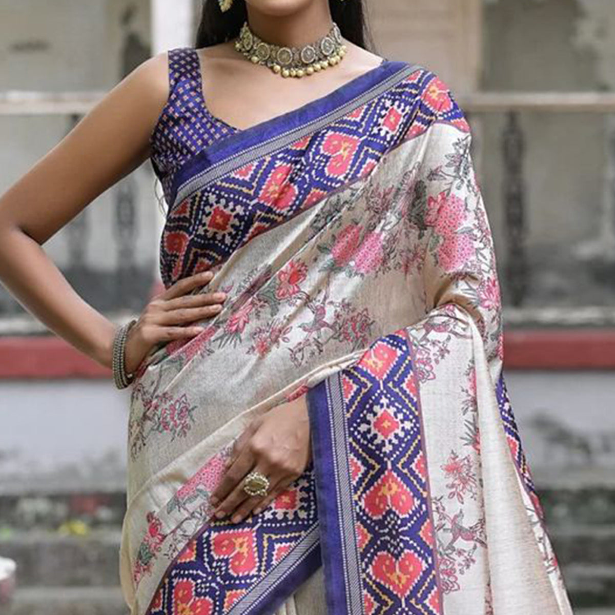 Beige & Blue Floral Printed Tussar Silk Saree