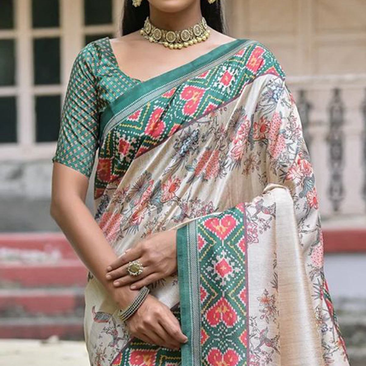 Beige & Green Floral Printed Tussar Silk Saree