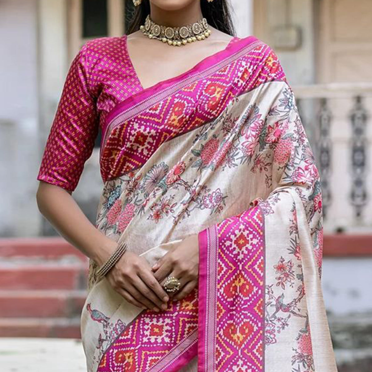 Beige & Pink Floral Printed Tussar Silk Saree