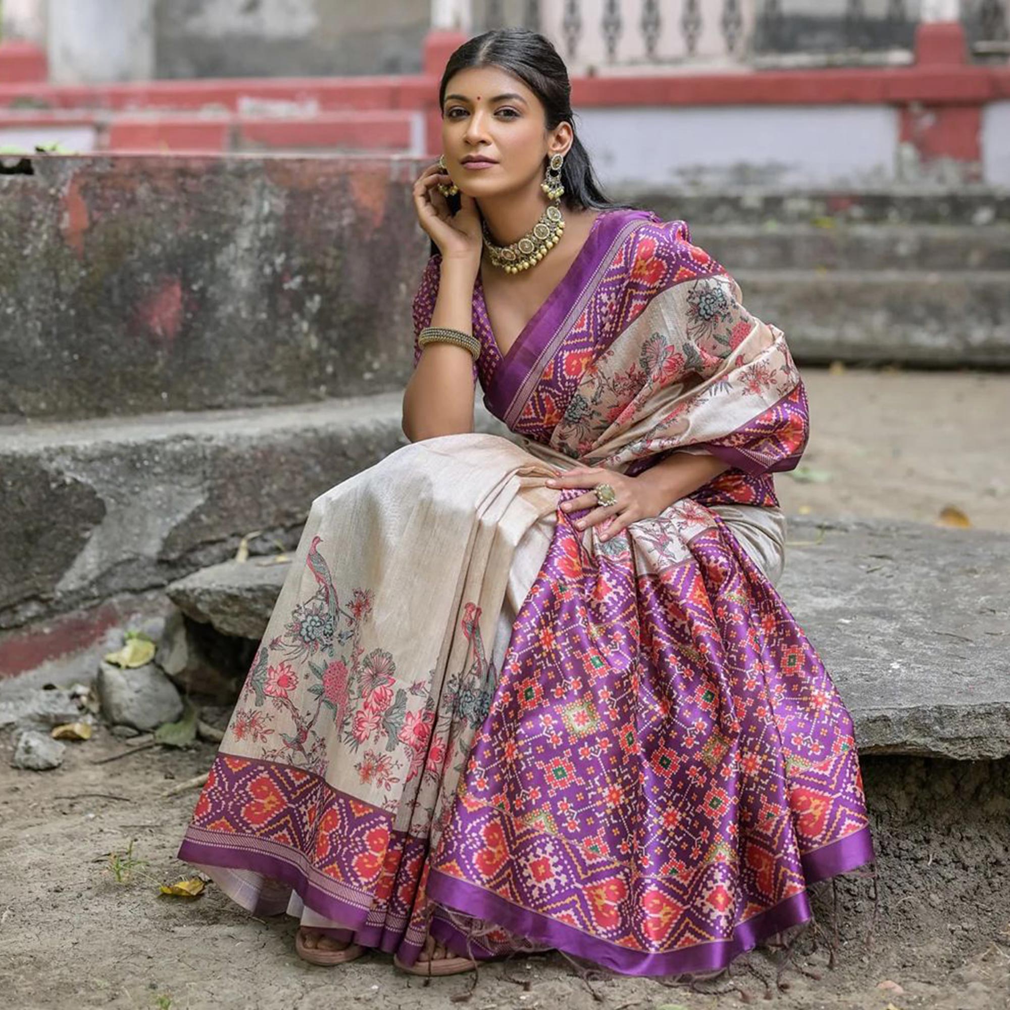 Beige & Purple Floral Printed Tussar Silk Saree