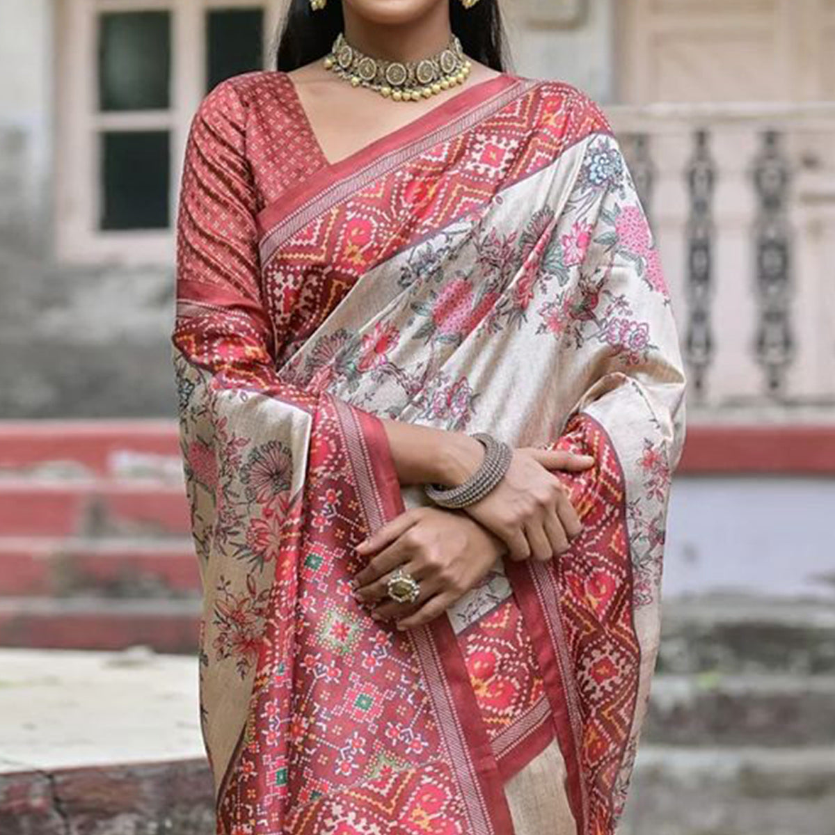 Beige & Red Floral Printed Tussar Silk Saree