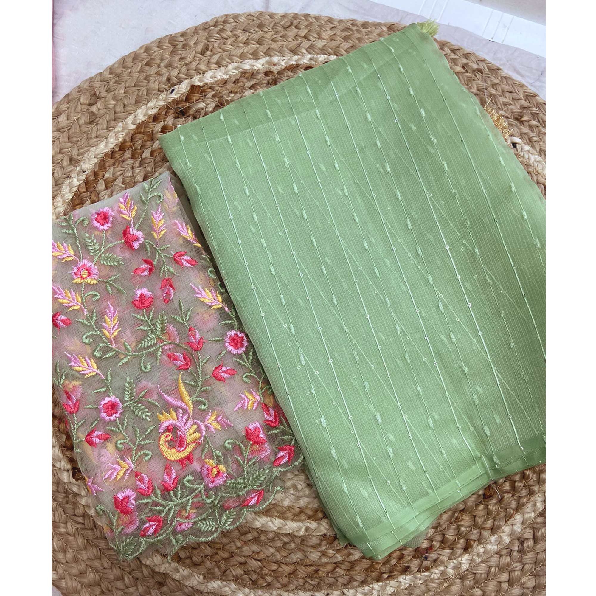 Green Sequins Embroidered Organza Saree With Tassels