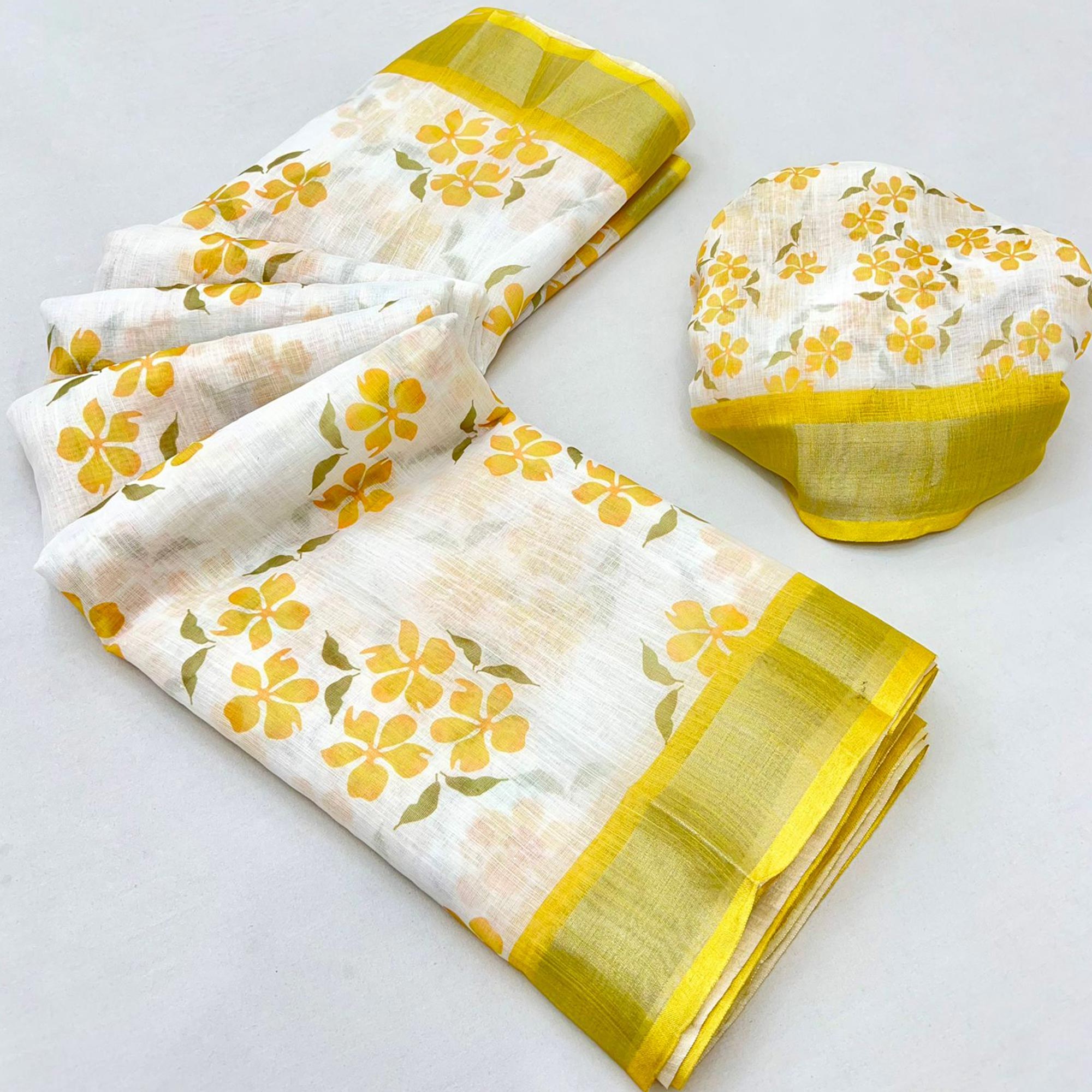 White & Yellow Floral Printed Linen Saree