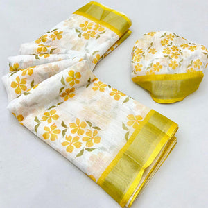 White & Yellow Floral Printed Linen Saree