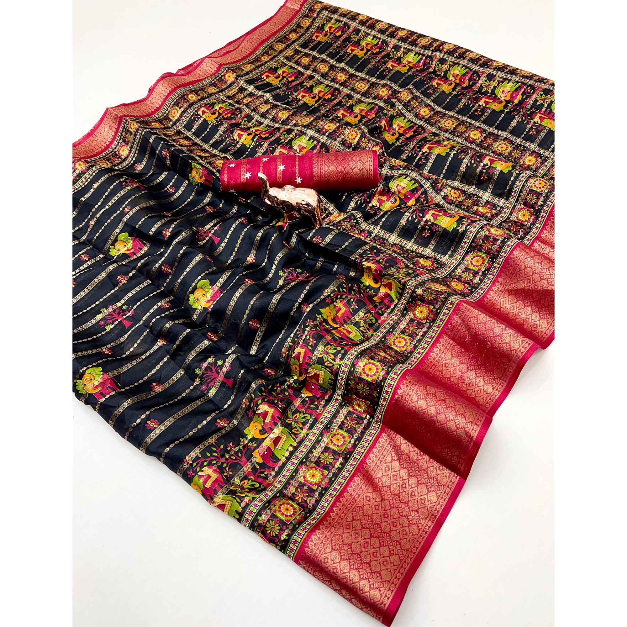 Regal Black Weaving Dola Silk Saree Adorned With Artistic Elephant & Floral Print