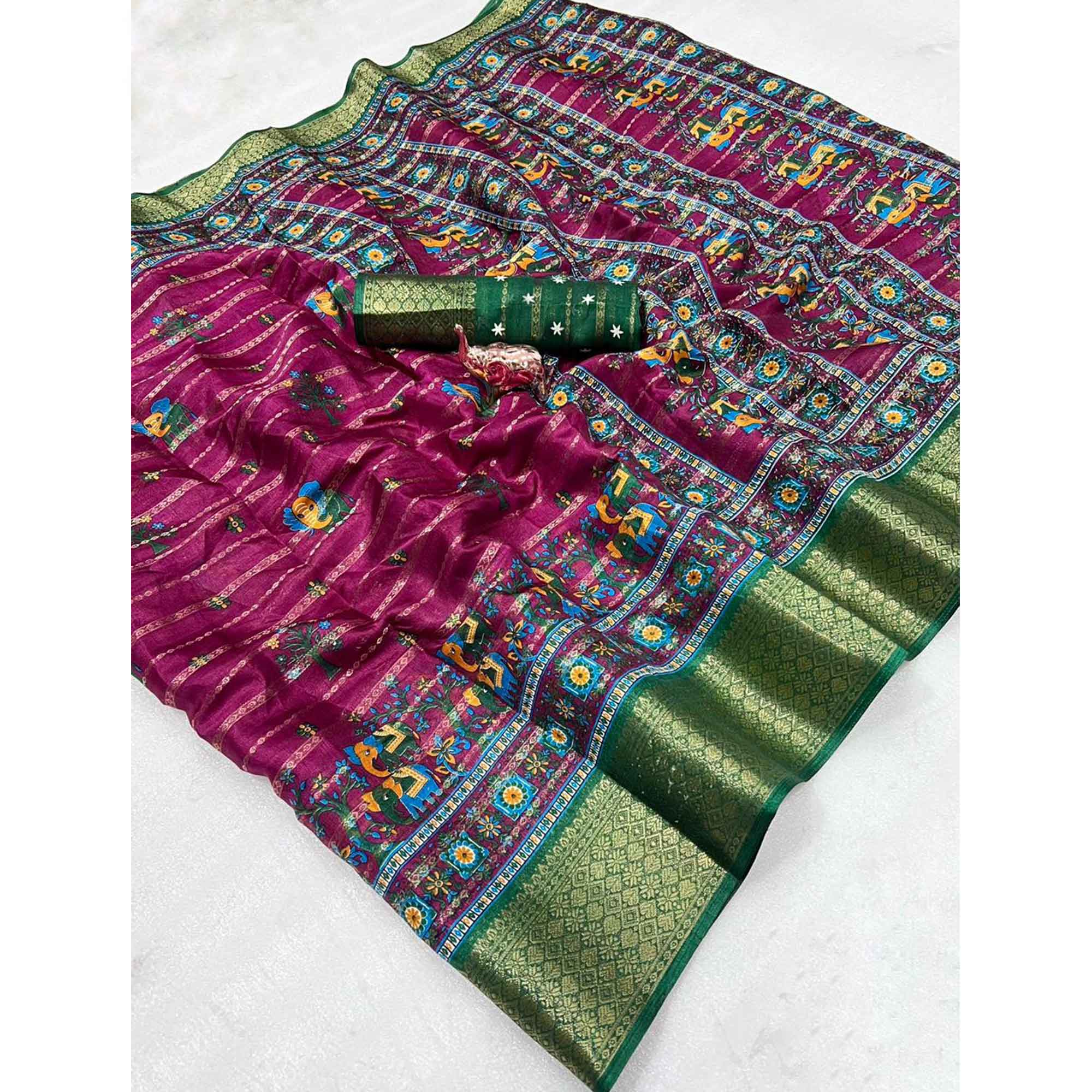 Regal Wine Weaving Dola Silk Saree Adorned With Artistic Elephant & Floral Print