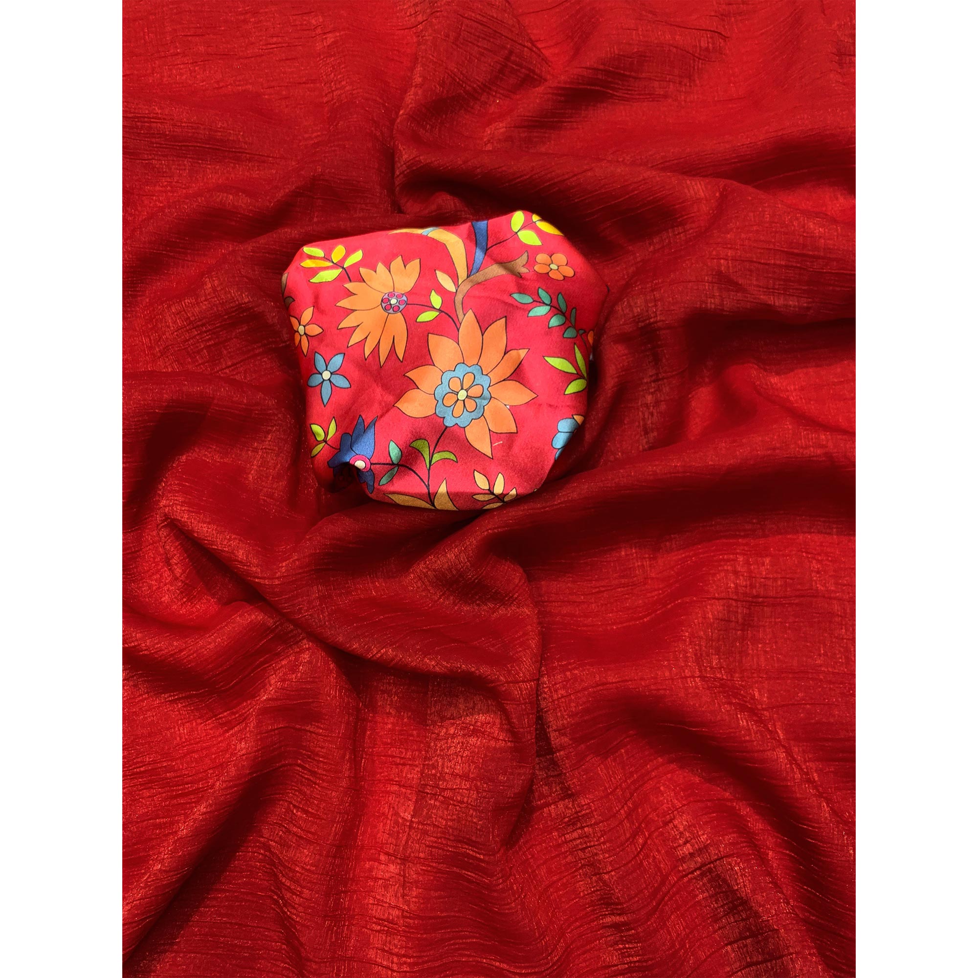 Red Solid Crepe Crush Saree