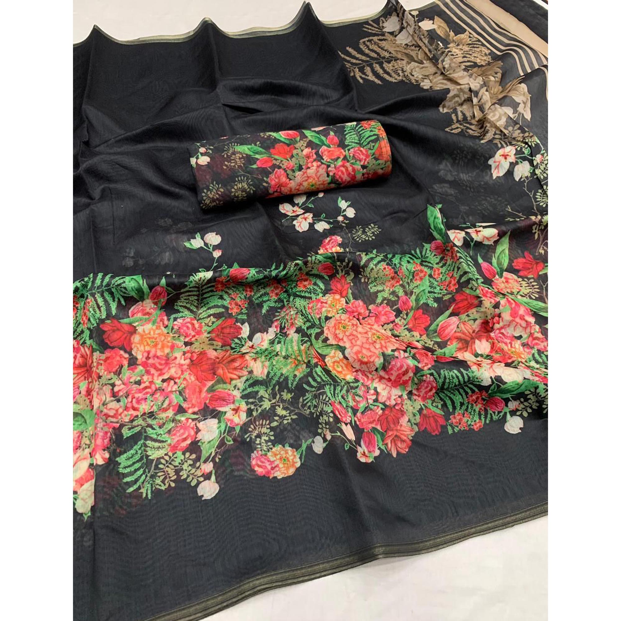 Black Floral Digital Printed Linen Saree