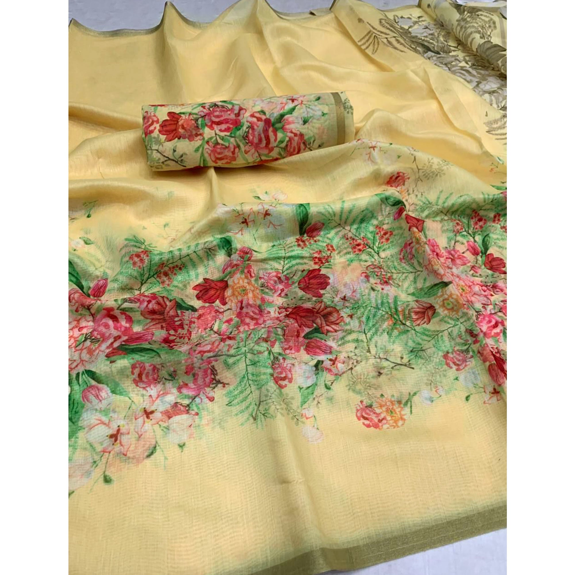 Light Yellow Floral Digital Printed Linen Saree