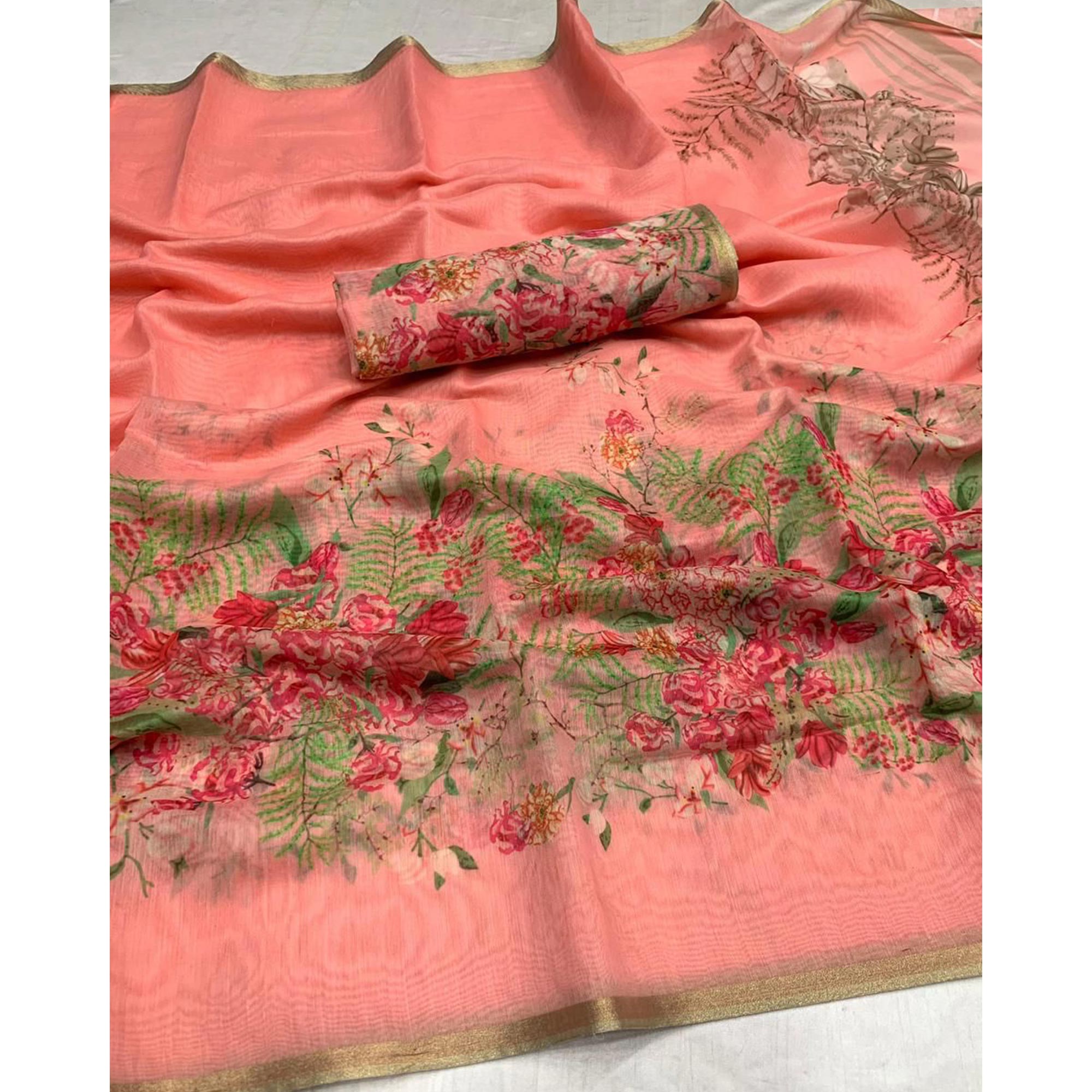 Peach Floral Digital Printed Linen Saree