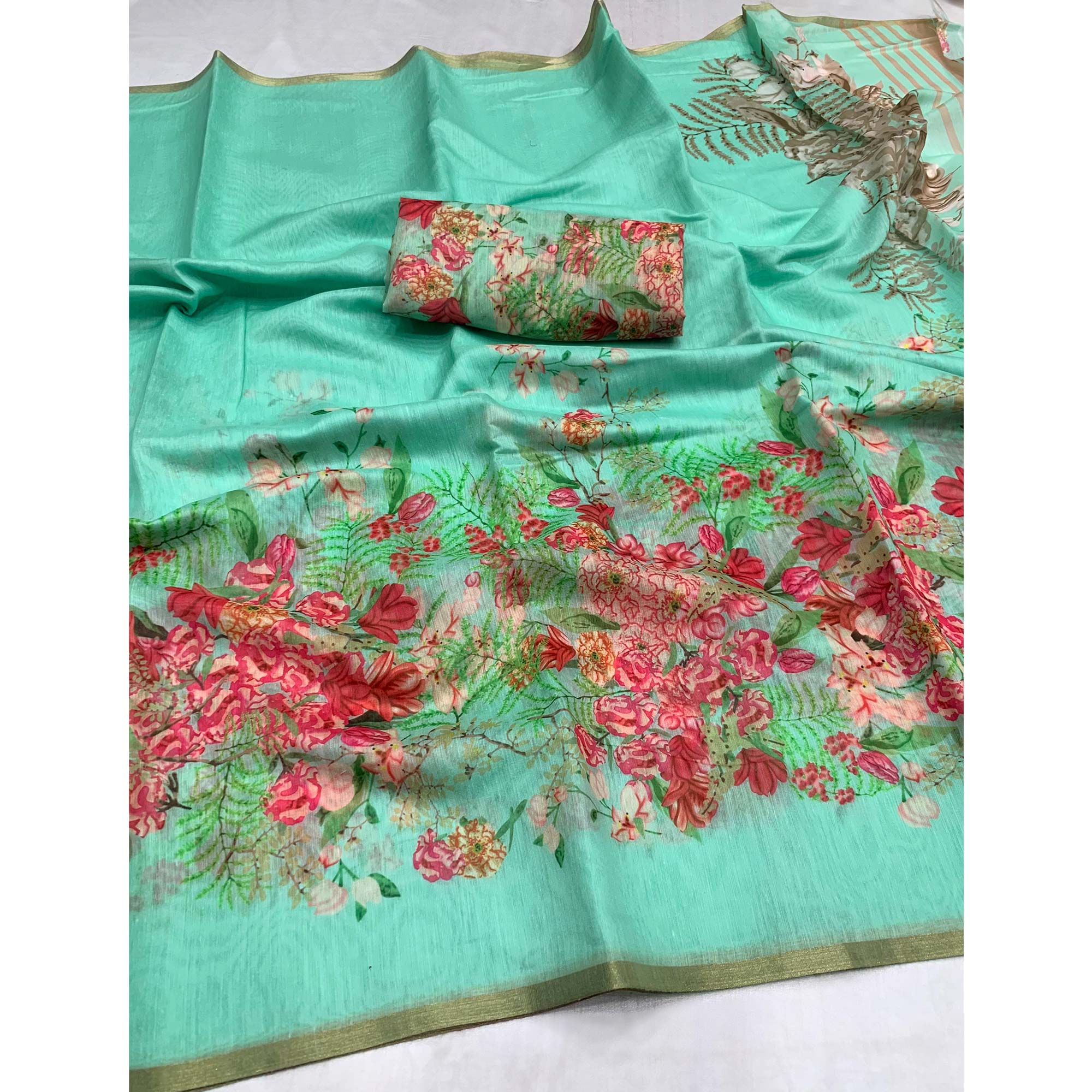 Turquoise Floral Digital Printed Linen Saree