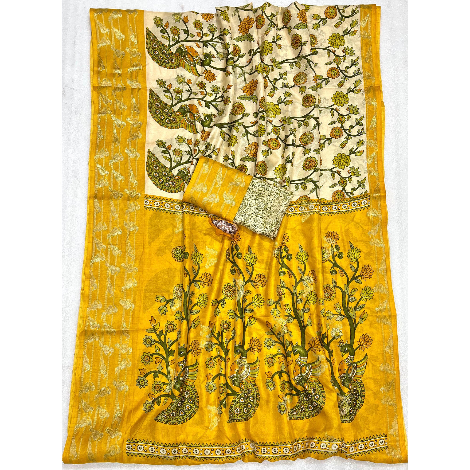 Elegant Cream & Yellow Cotton Blend Saree Adorned With Vibrant Peacock Floral Print