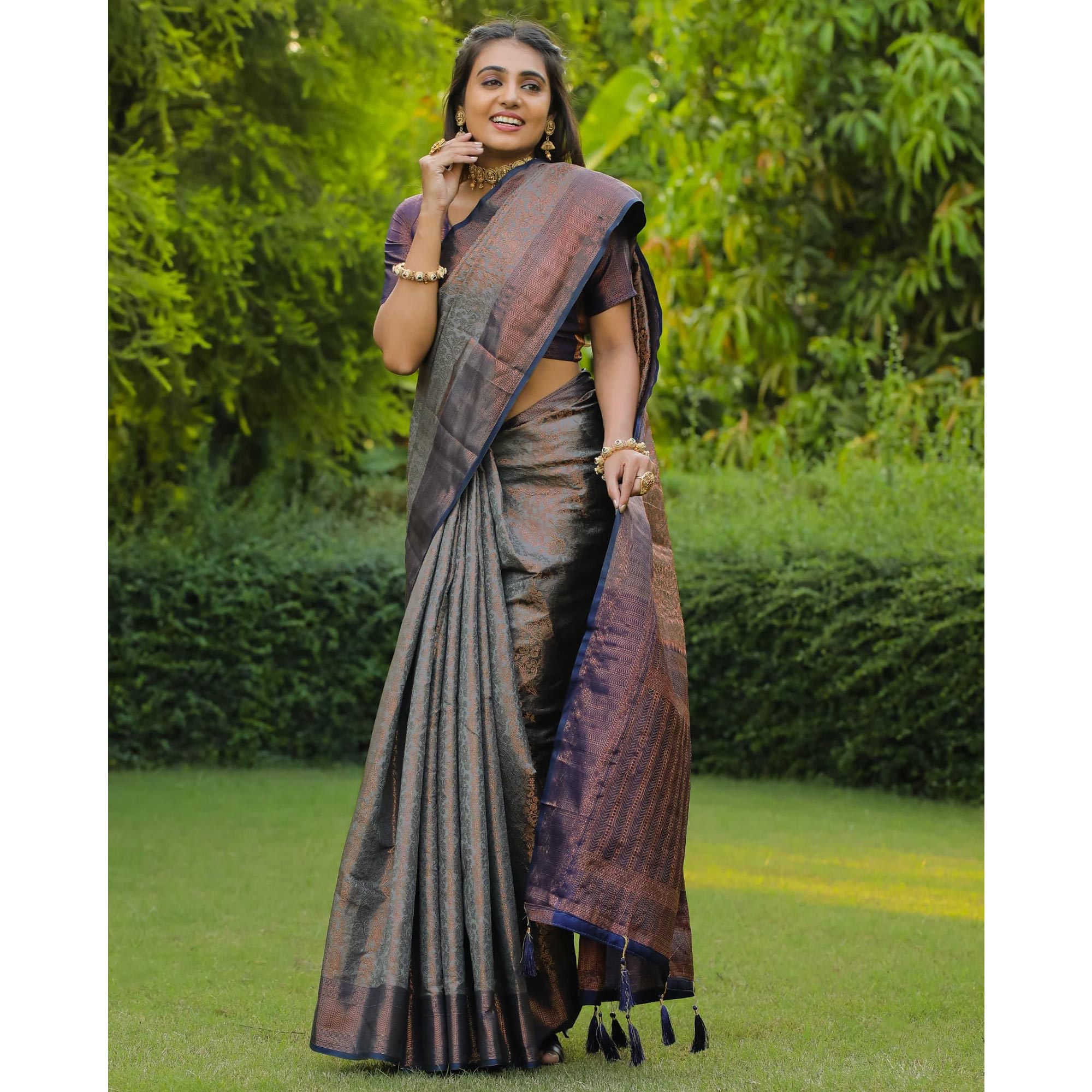 Grey Woven Banarasi Silk Saree With Tassels
