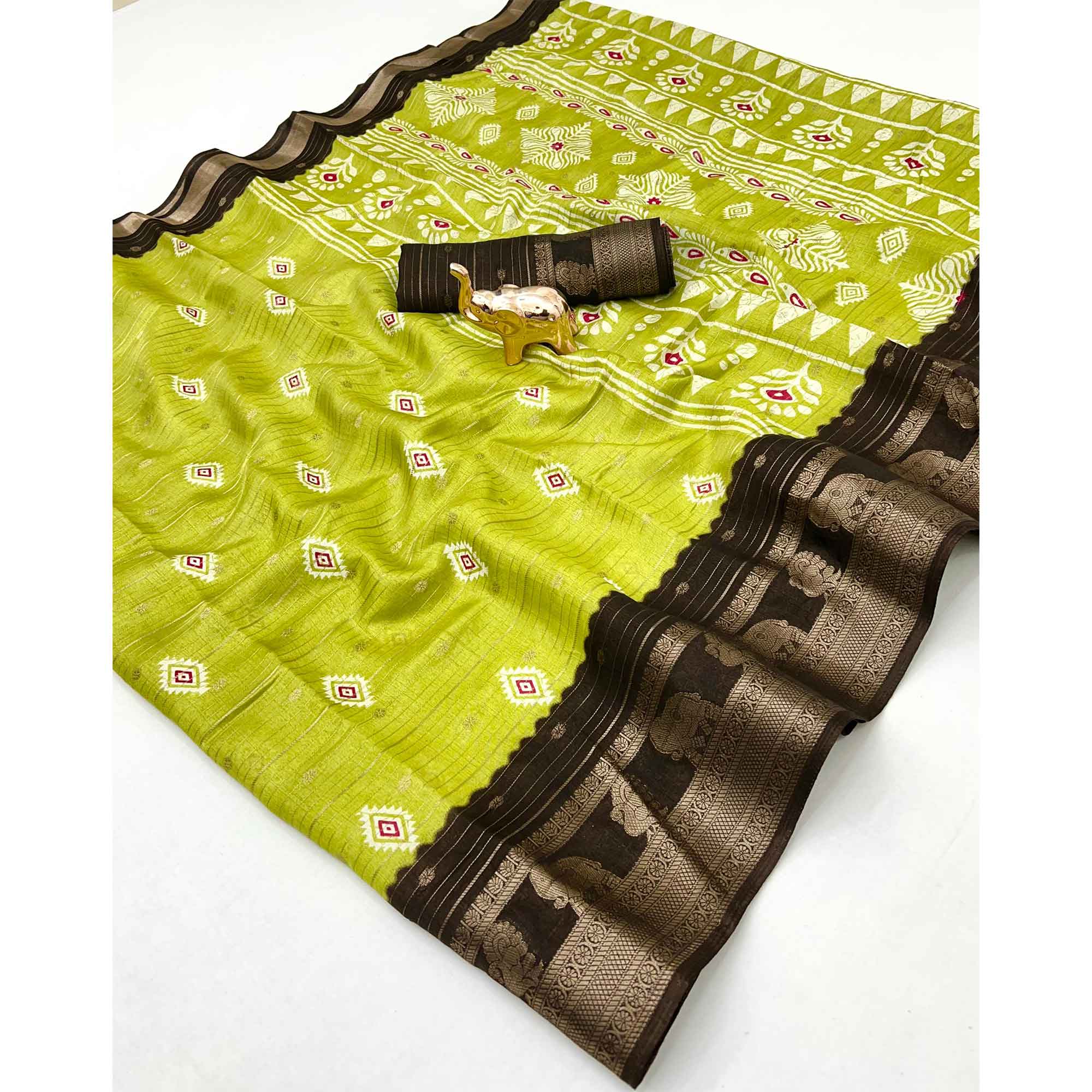 Charming Green Printed Cotton Silk Saree With Elephant & Peacock Design Weaving Border