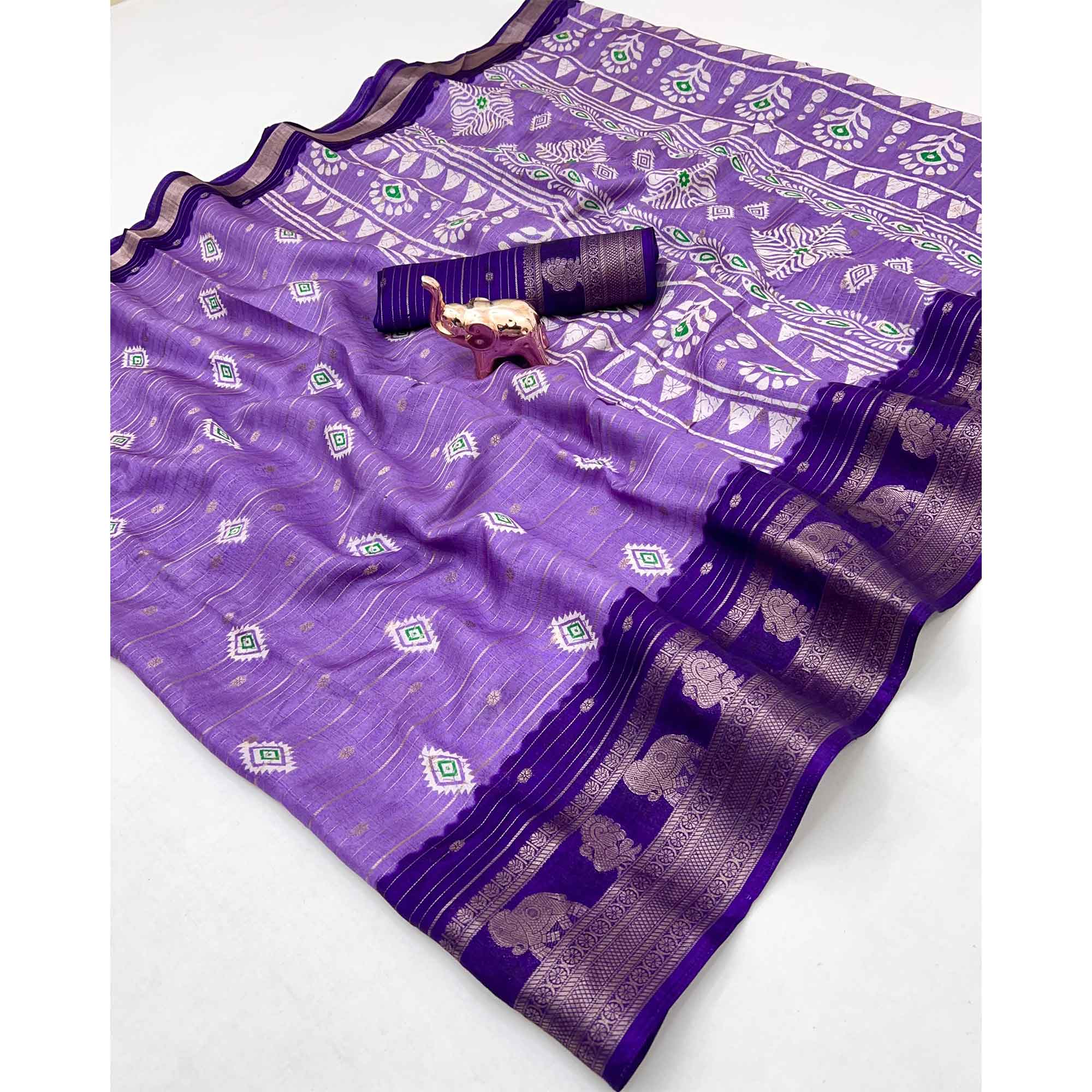 Charming Lavender Printed Cotton Silk Saree With Elephant & Peacock Design Weaving Border
