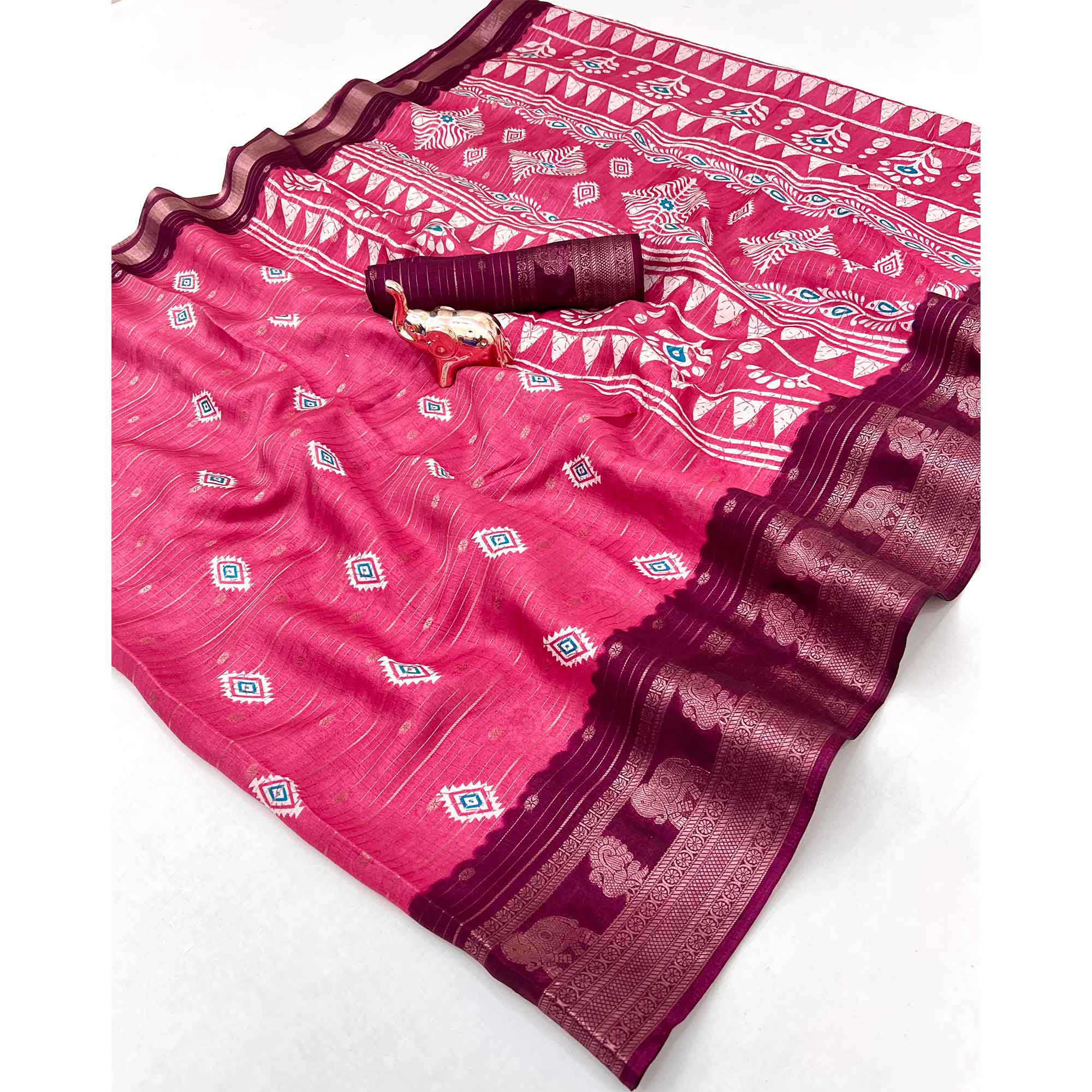 Charming Pink Printed Cotton Silk Saree With Elephant & Peacock Design Weaving Border