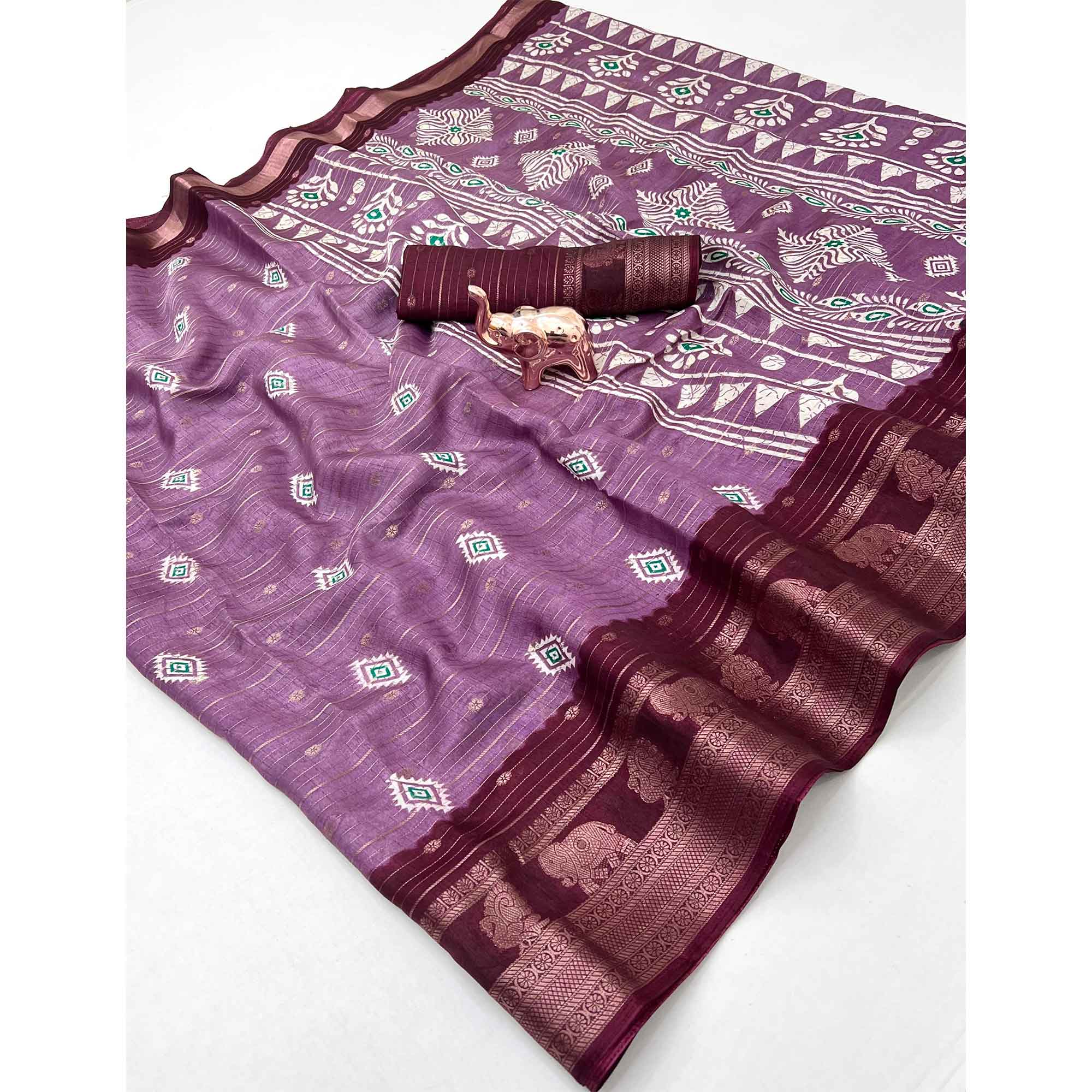 Charming Purple Printed Cotton Silk Saree With Elephant & Peacock Design Weaving Border