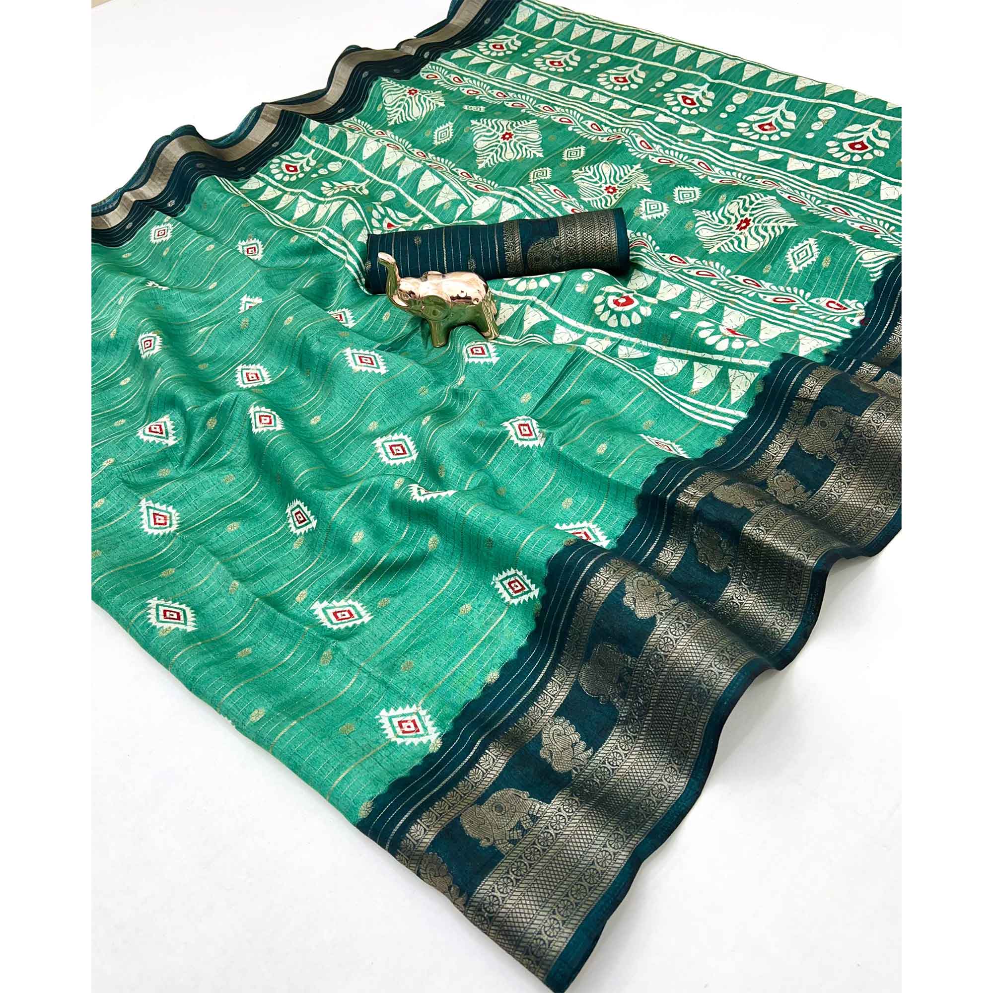 Charming Rama Green Printed Cotton Silk Saree With Elephant & Peacock Design Weaving Border