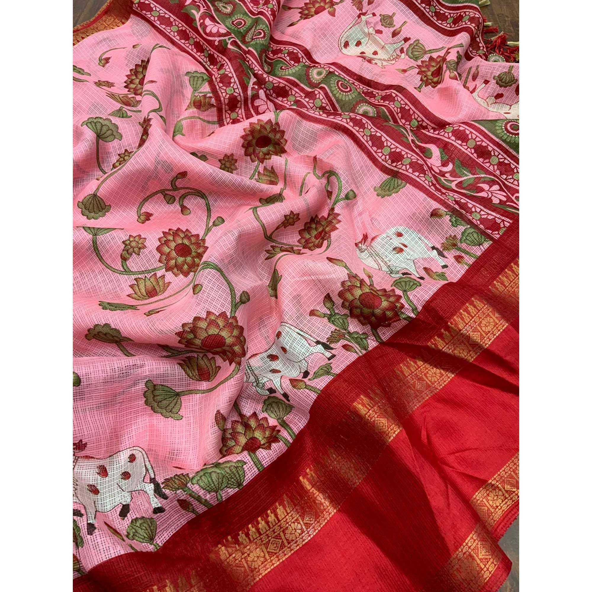 Baby Pink Floral Printed Kota Doria Saree