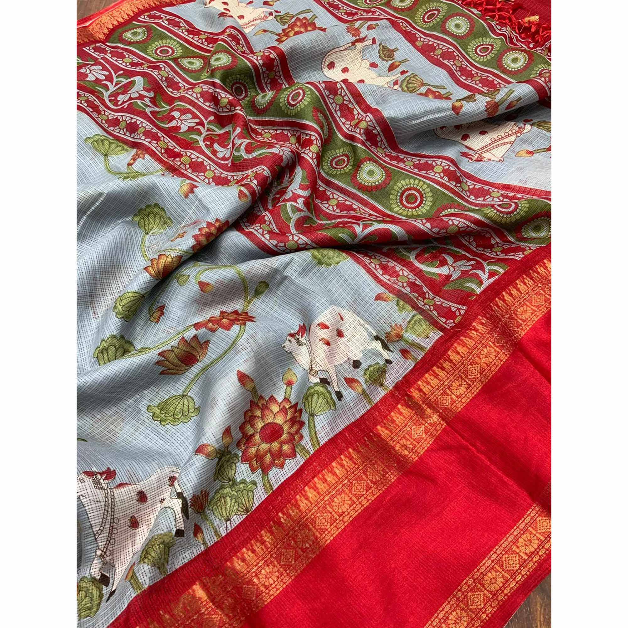 Grey Floral Printed Kota Doria Saree