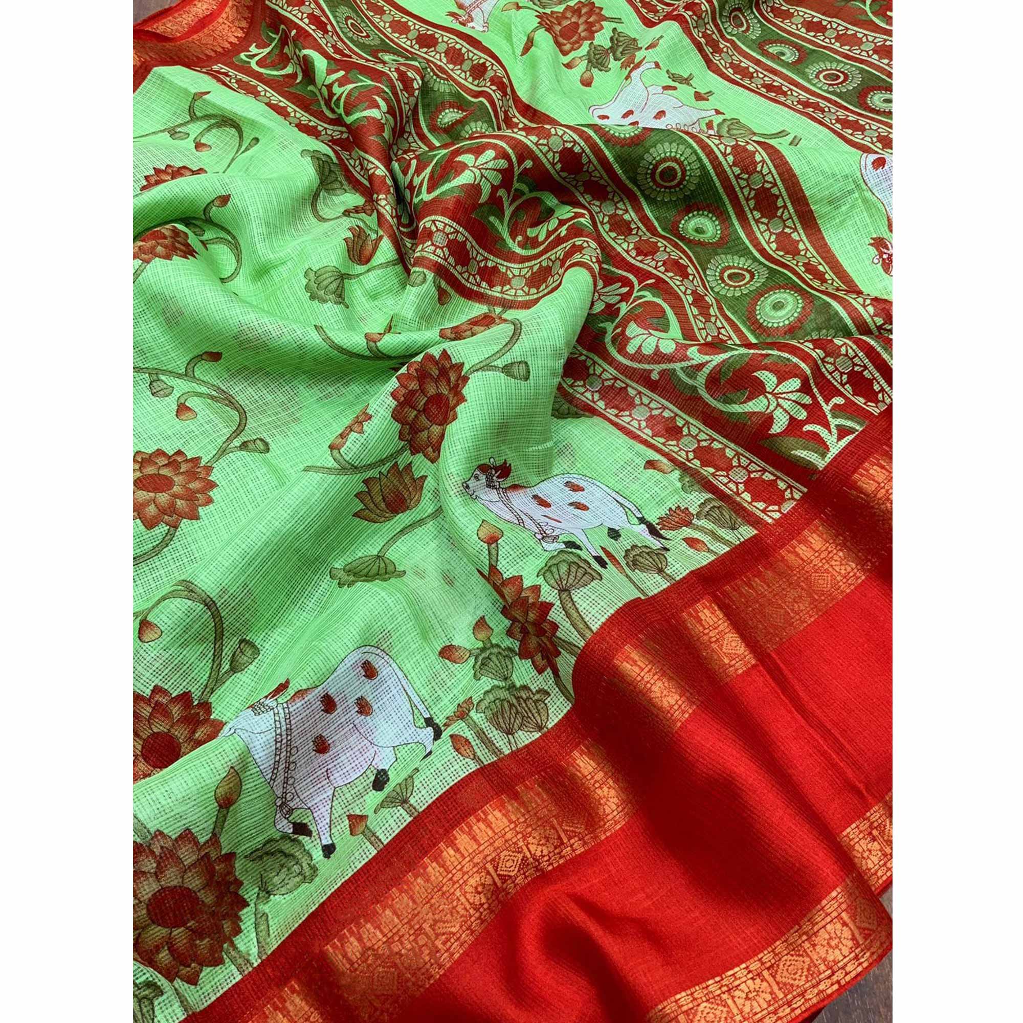 Mint Green Floral Printed Kota Doria Saree