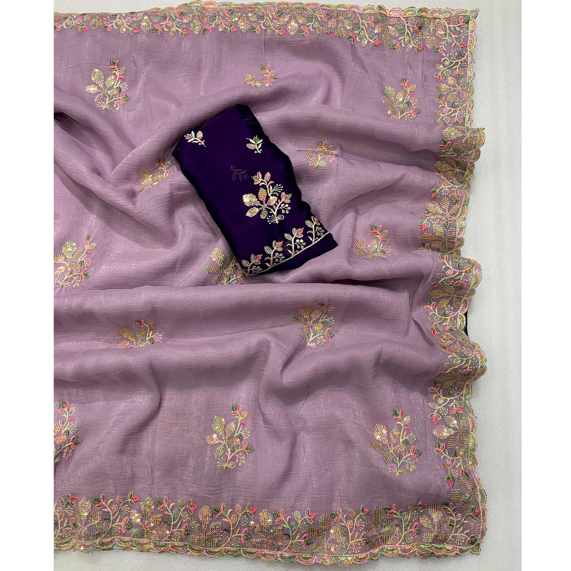 Purple Floral Embroidered Crunchy Chiffon Saree