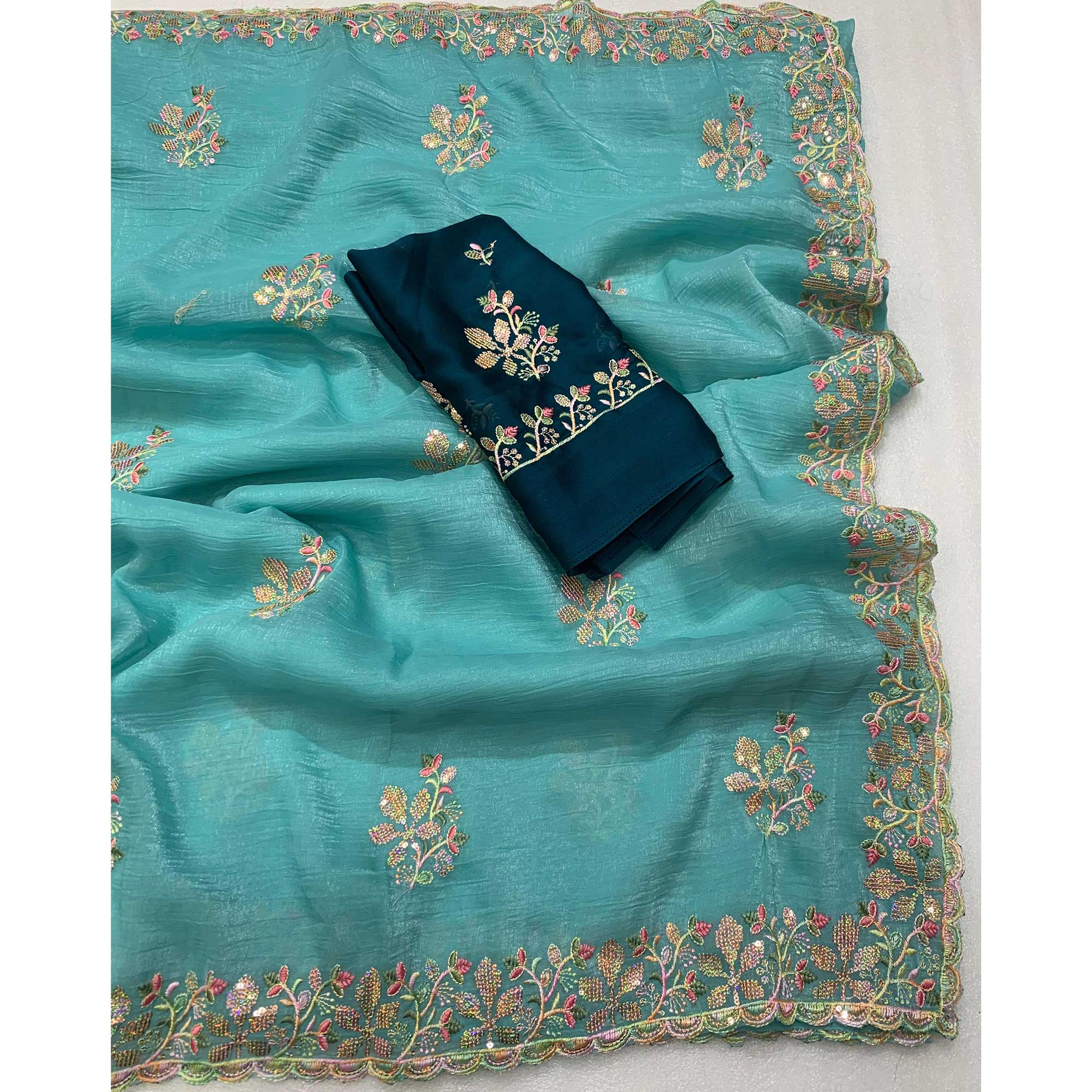 Turquoise Floral Embroidered Crunchy Chiffon Saree