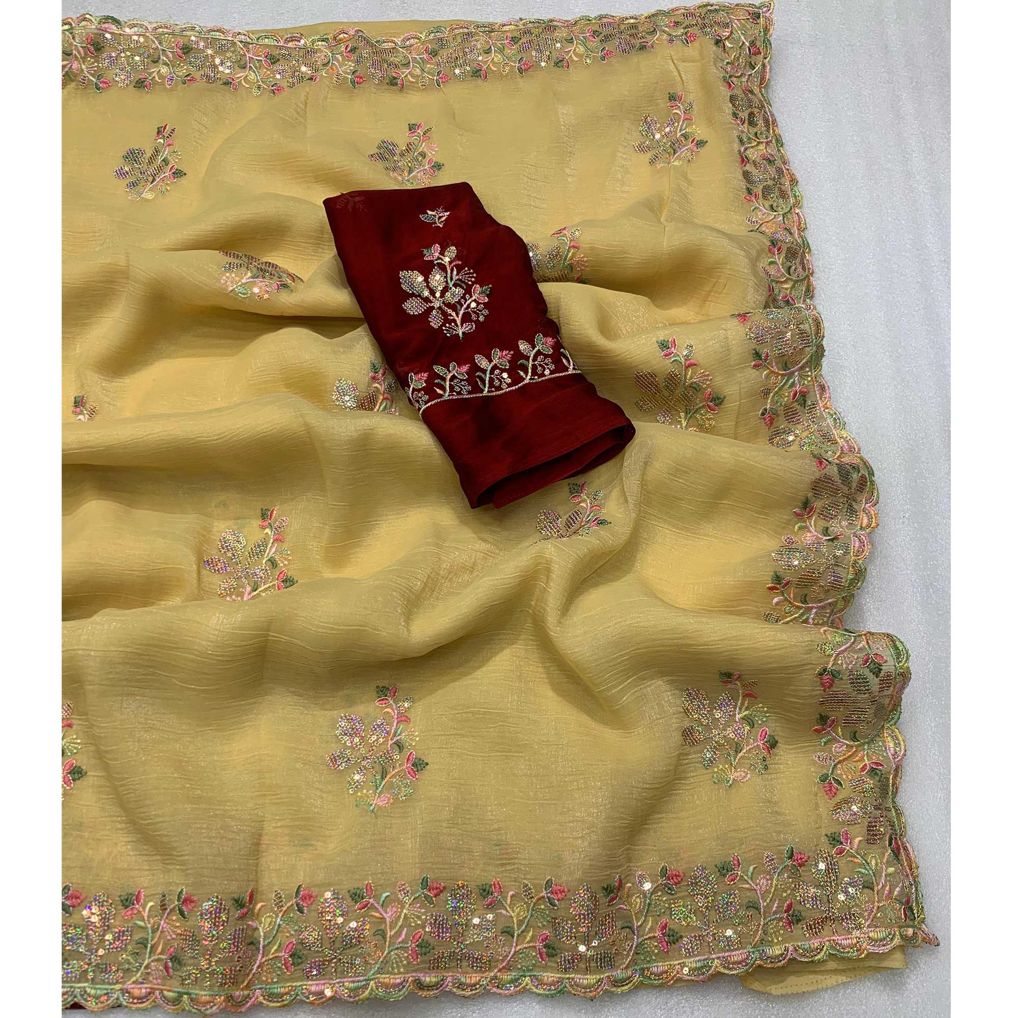 Yellow Floral Embroidered Crunchy Chiffon Saree