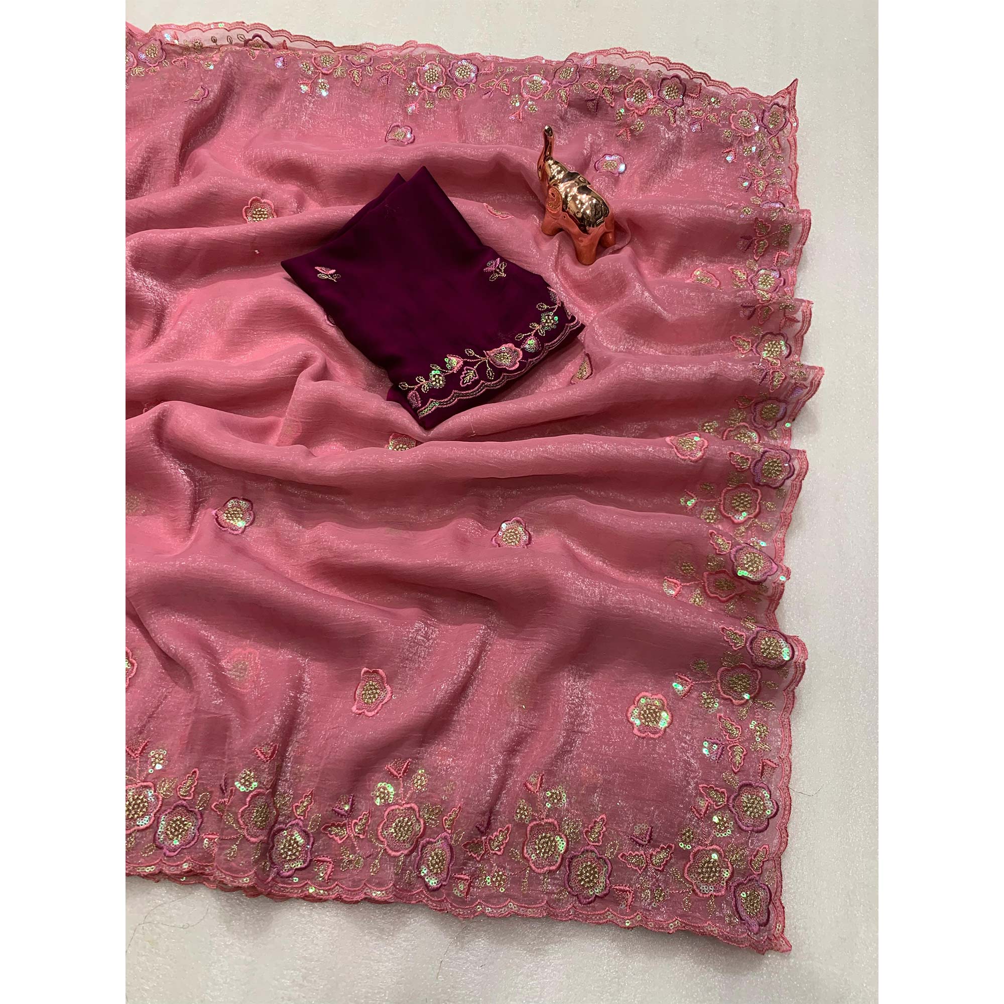 Gajari Pink Floral Sequins Embroidered Chiffon Saree
