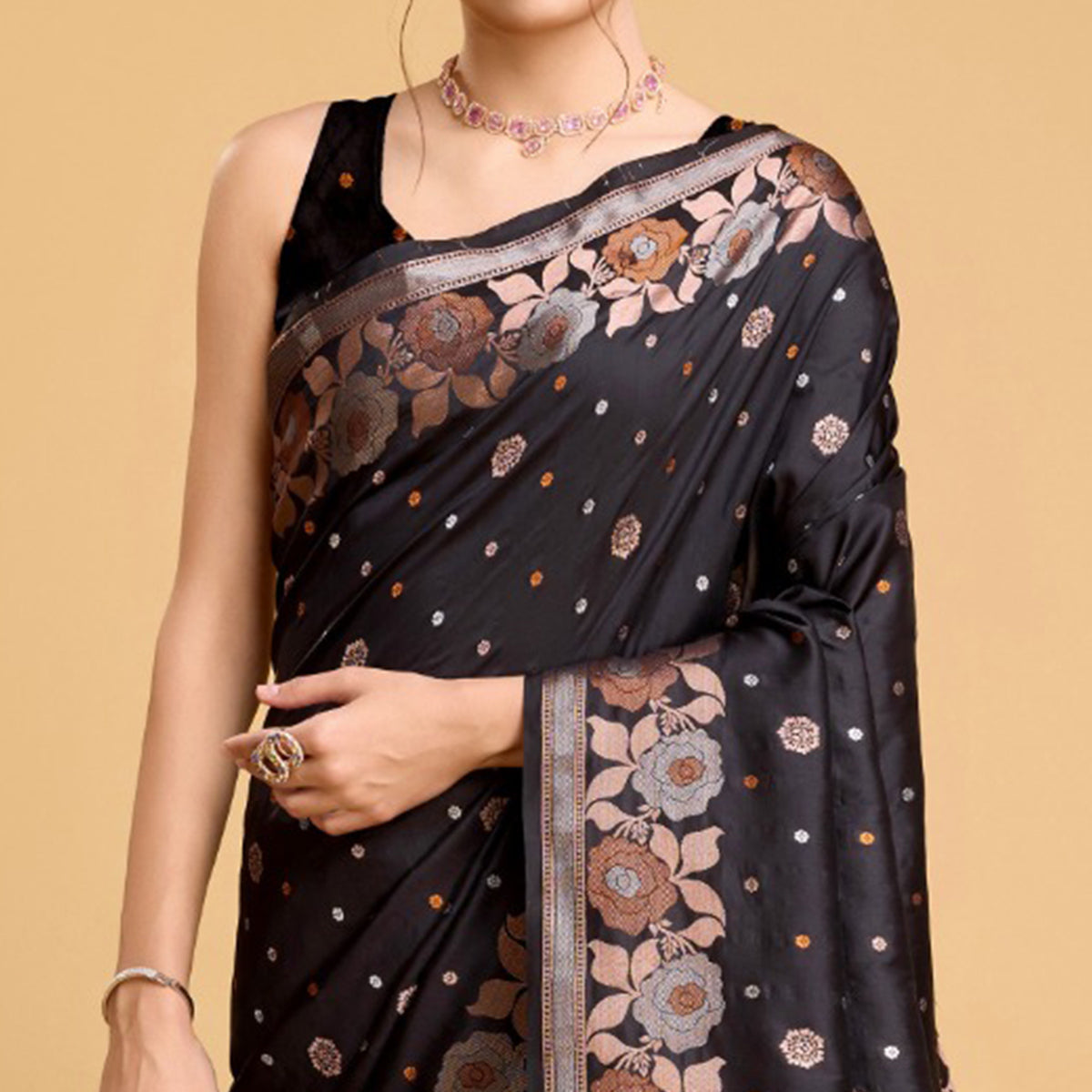 Black Floral Woven Banarasi Silk Saree