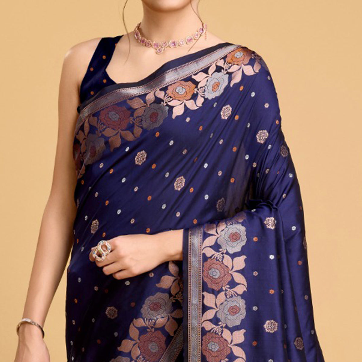 Blue Floral Woven Banarasi Silk Saree