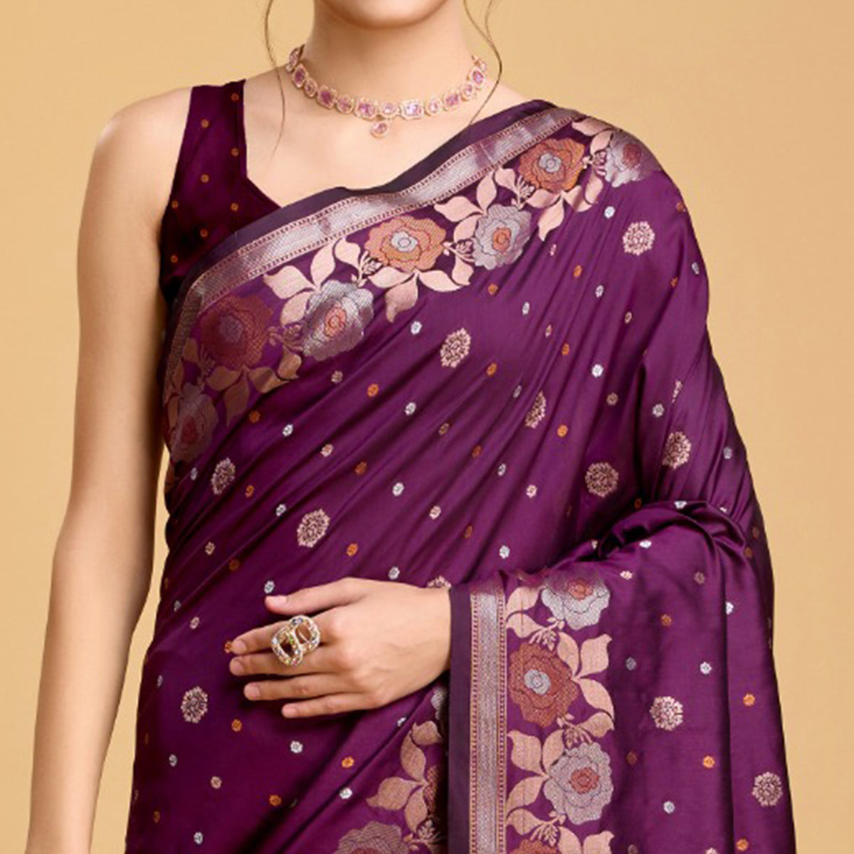 Purple Floral Woven Banarasi Silk Saree