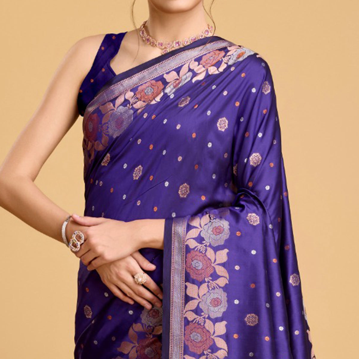 Violet Floral Woven Banarasi Silk Saree