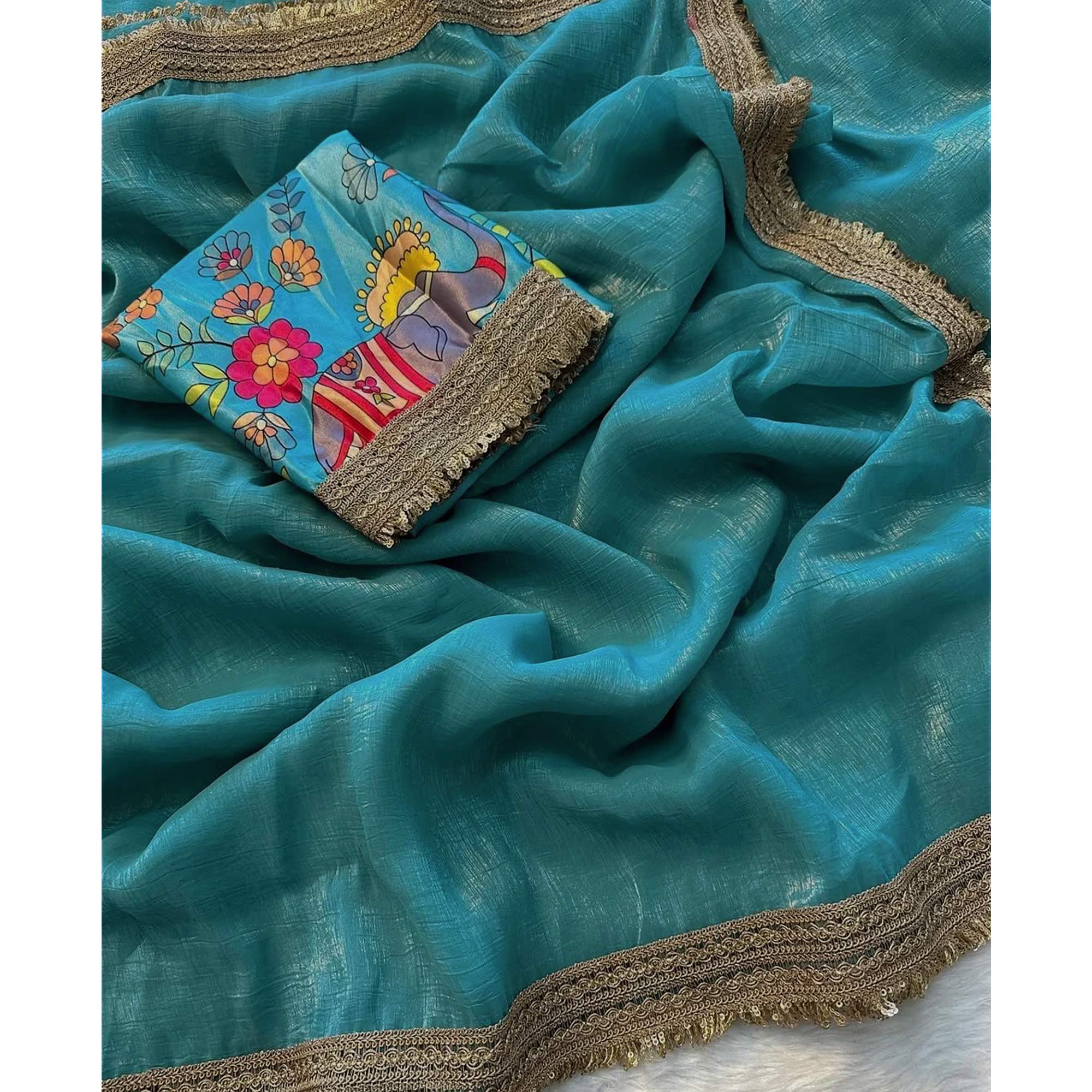 Blue Solid Fancy Fabric Saree With Zari Sequins Lace Border