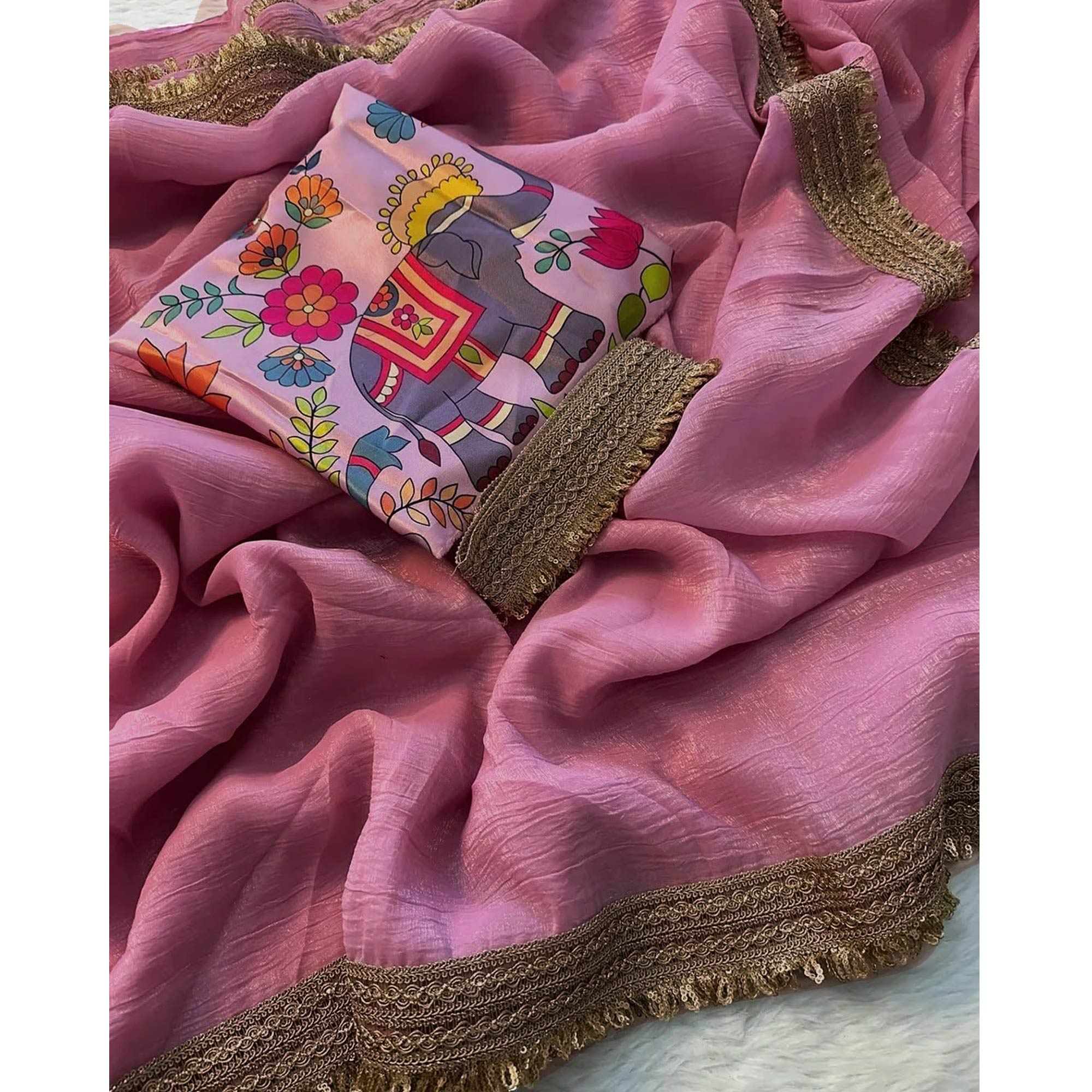 Onion Pink Solid Fancy Fabric Saree With Zari Sequins Lace Border