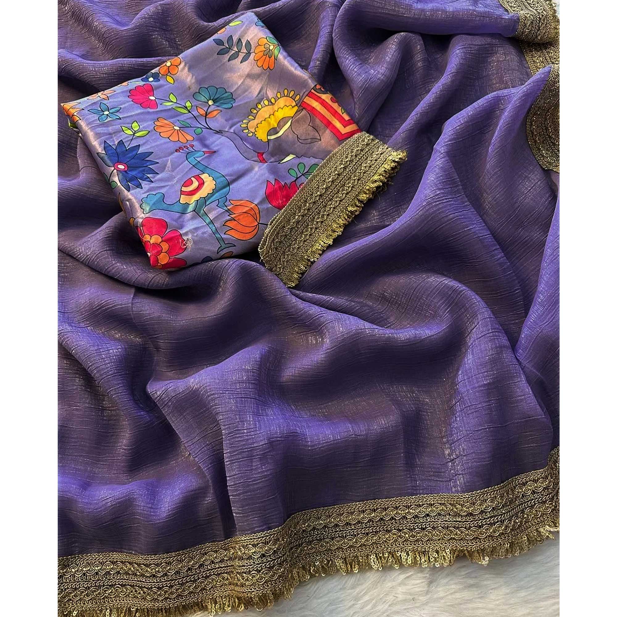 Pastel Purple Solid Fancy Fabric Saree With Zari Sequins Lace Border